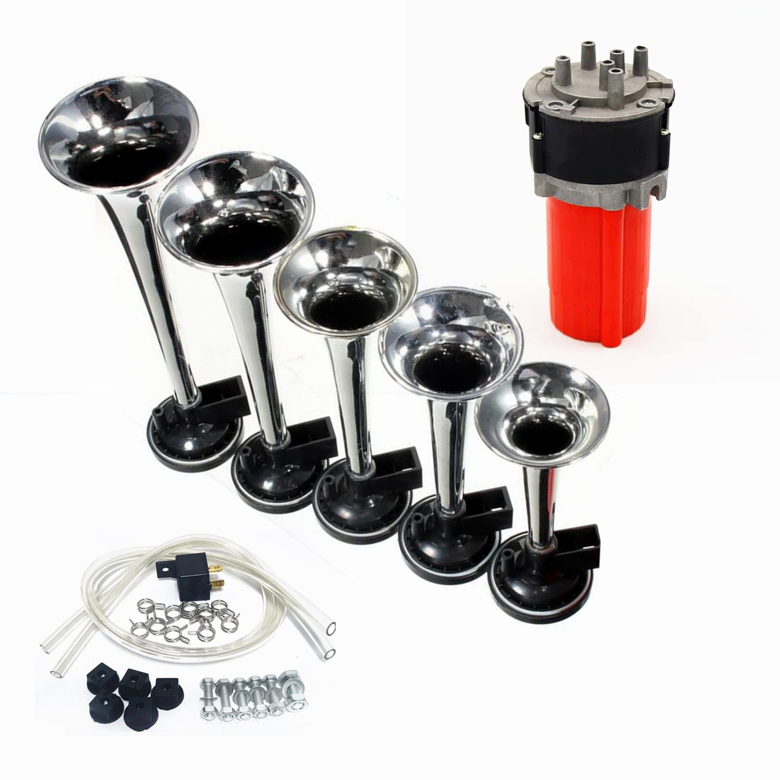 Tromba d'aria Tromba d'aria Tromba musicale a cinque tubi 160db Tromba per camion Car Horn 12V Corno da musica Dixie argento con altoparlante pompa ad aria rossa per 12V camion auto nave ecc