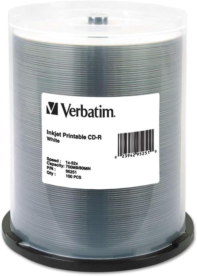 Verbatim CD-R, 52x, 700MB, Inkjet Printable, White, 100/Pack