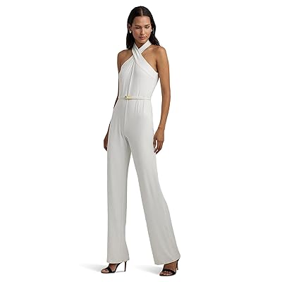 Lauren Ralph Lauren Belted Jersey Halter Wide Leg Jumpsuit Women