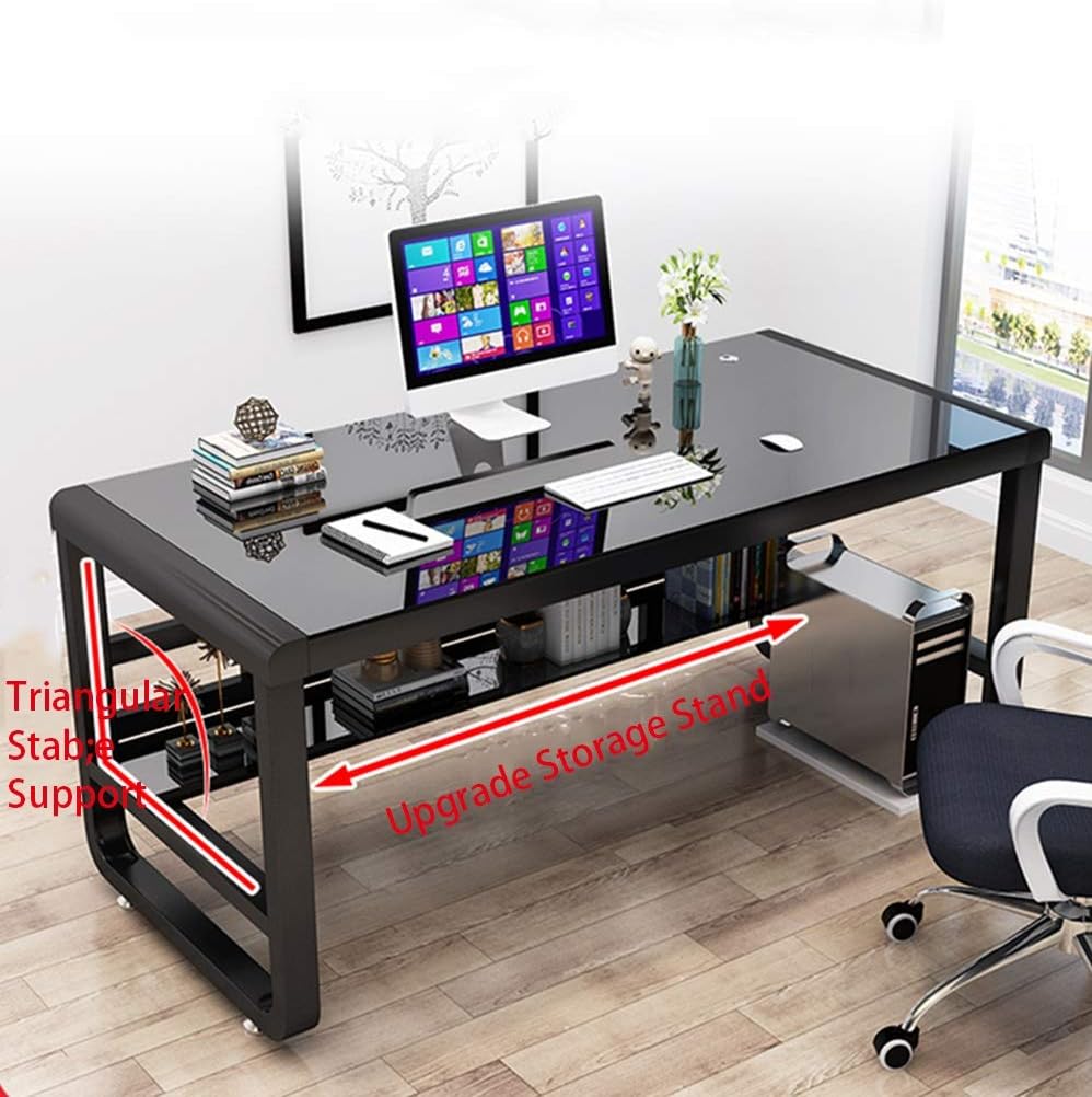 HYO&ZOY Gaming Desk Tempered Glass Desk Computer Workstation Writing Desk with Threading Hole Storage Stand Study Modern Workstation for Home Office (Color : Pink, Size : 39.3inch)