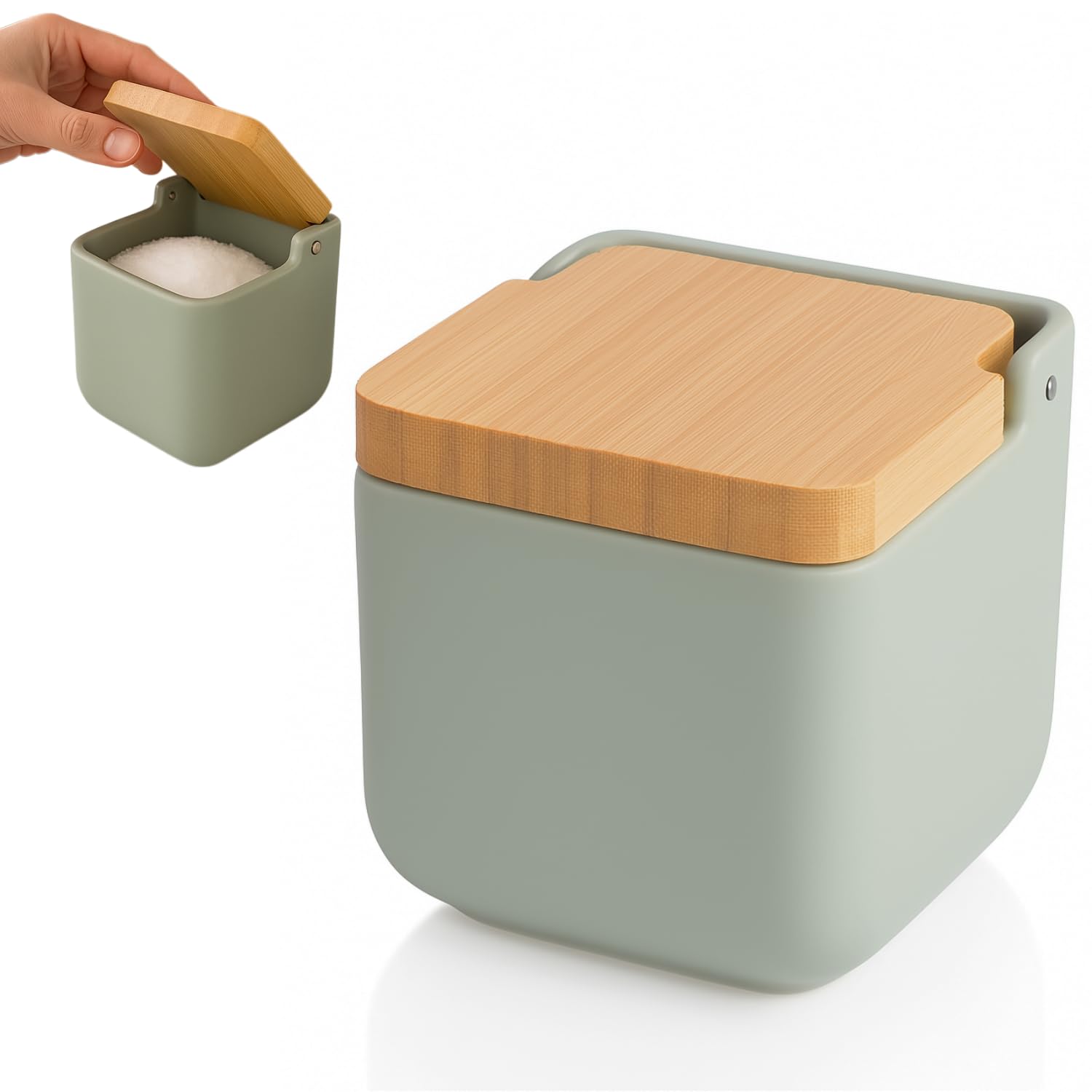 Ceramic Salt Cellar with Bamboo Swivel Lid | Modern Kitchen Storage Pot for Salt, Spices or Sugar | 11.5 cm Sage Matt Finish