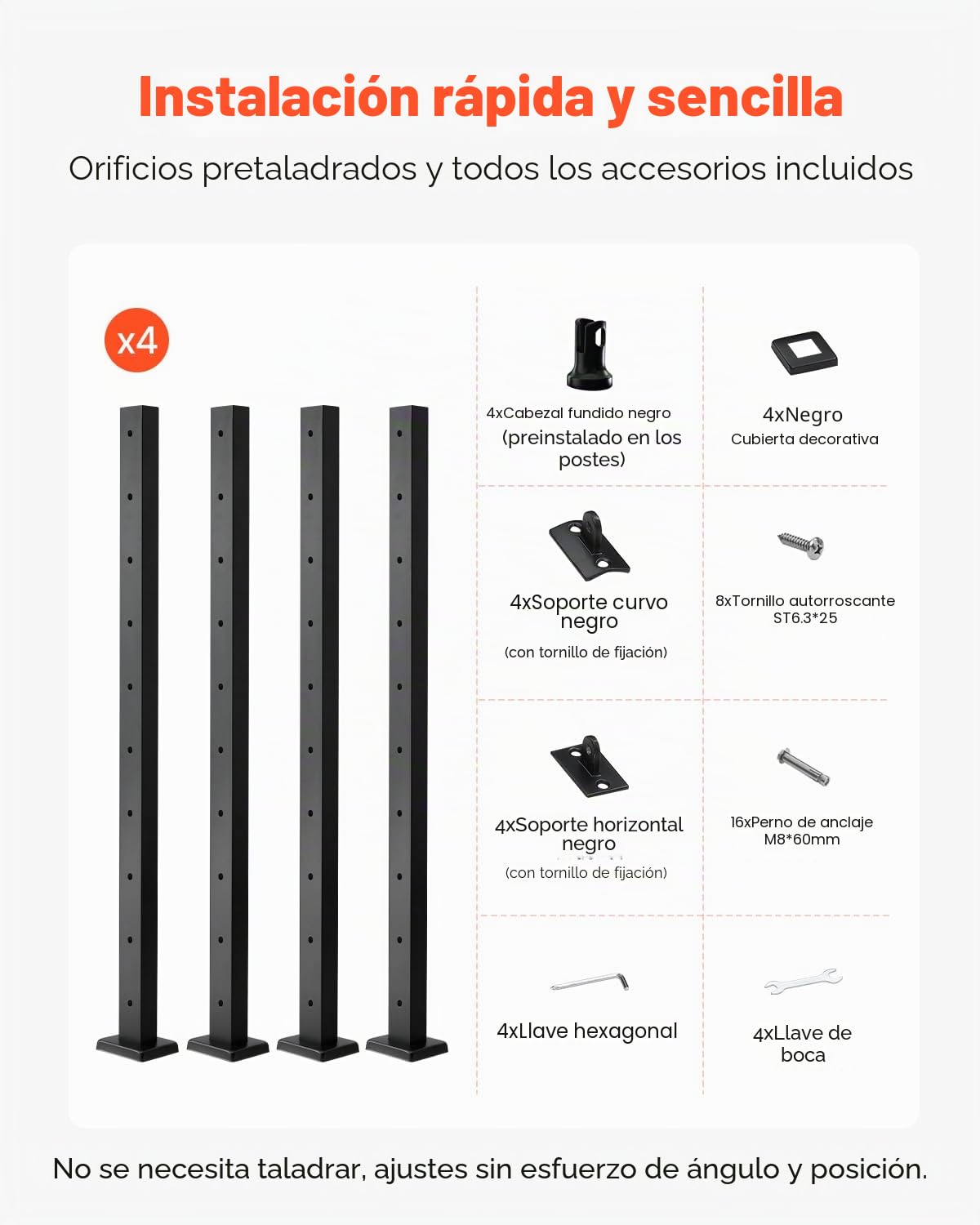 VEVOR Poste de Barandilla de Cable, 4 PCS Postes de Barandilla 91,4 x 5 x 5 cm Poste de Riel de Cable de Acero Inoxidable SUS304 con Soporte Horizontal y Curvo, Negro, 4JZLGZXHS914MY65M001V0