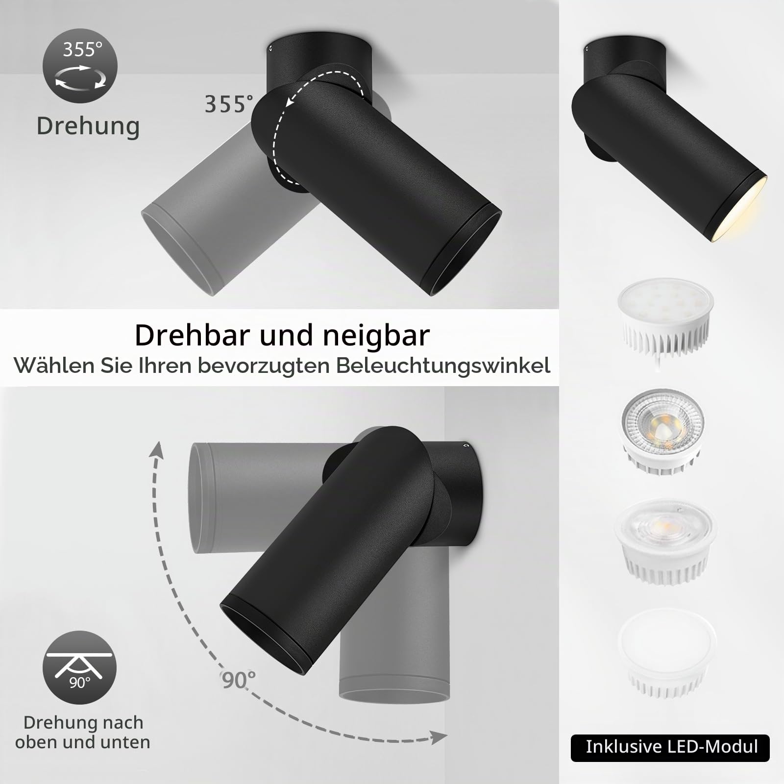 YindaLux 2er Set LED Aufbauspot Dimmbar, Schwenkbar Deckenspots Schwarz, Aufbaustrahler inkl. 5W 500LM LED Modul 230V, 3000K/4000K/6500K Aufbauleuchte Verstellbare Aufputz Spots für Wand & Decke