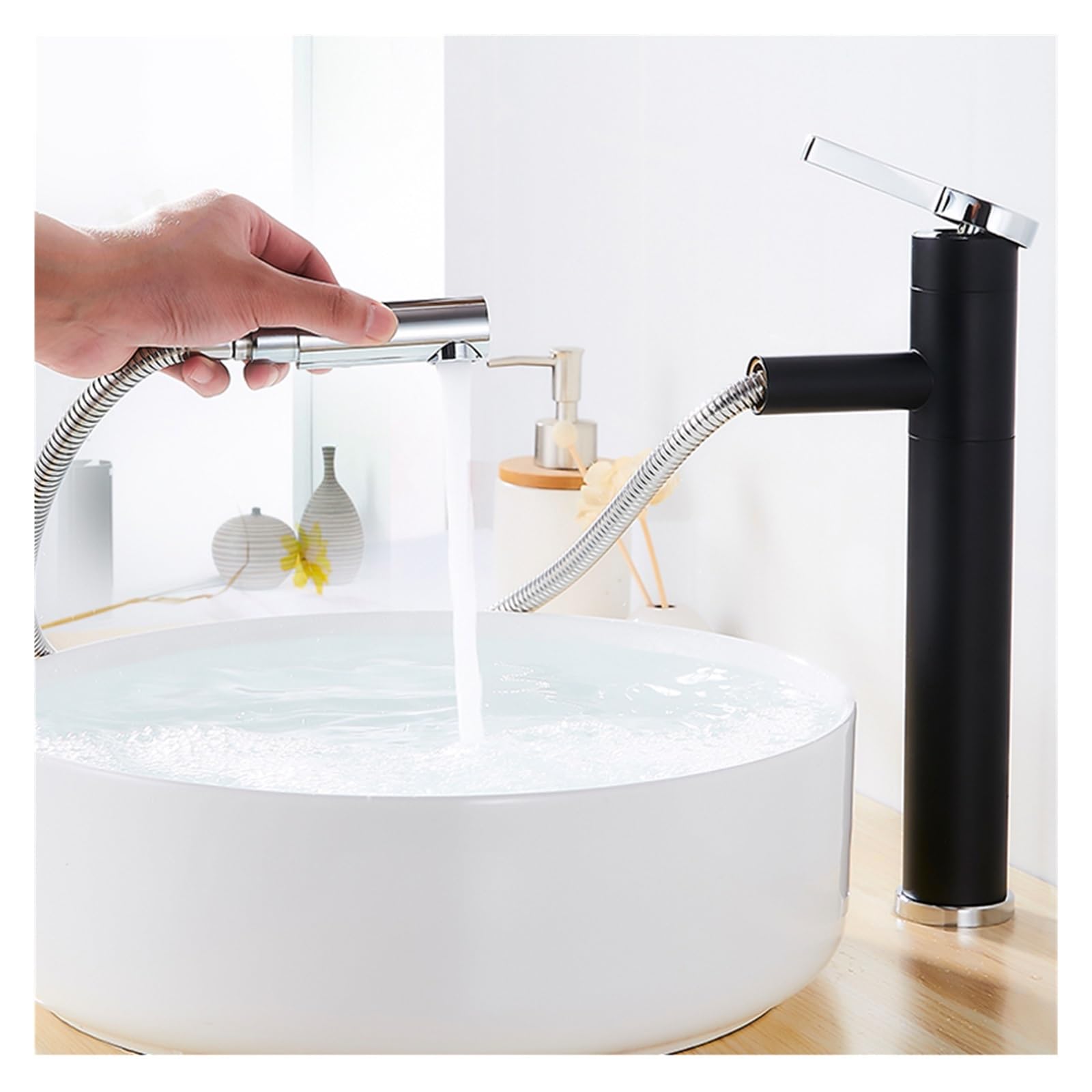 Bathroom Faucets Pull Out Basin Mixer Sink Faucet Washbasin Taps 360°(Black Chrome Faucet)
