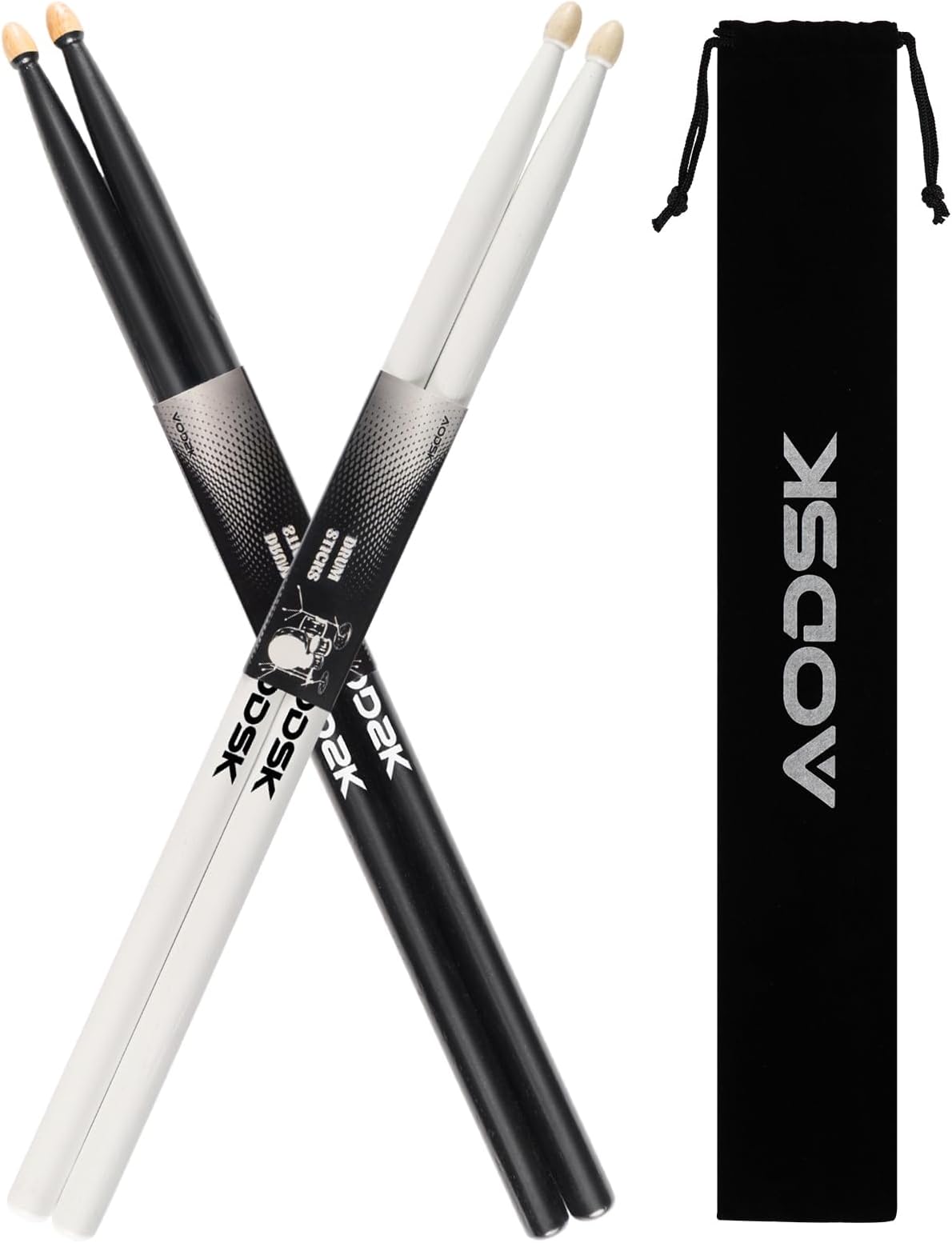 AODSK Drum Sticks,Classic 5A Drumsticks Comfortable Grip Hickory Wood,Black Wood Drumsticks,2 Pairs