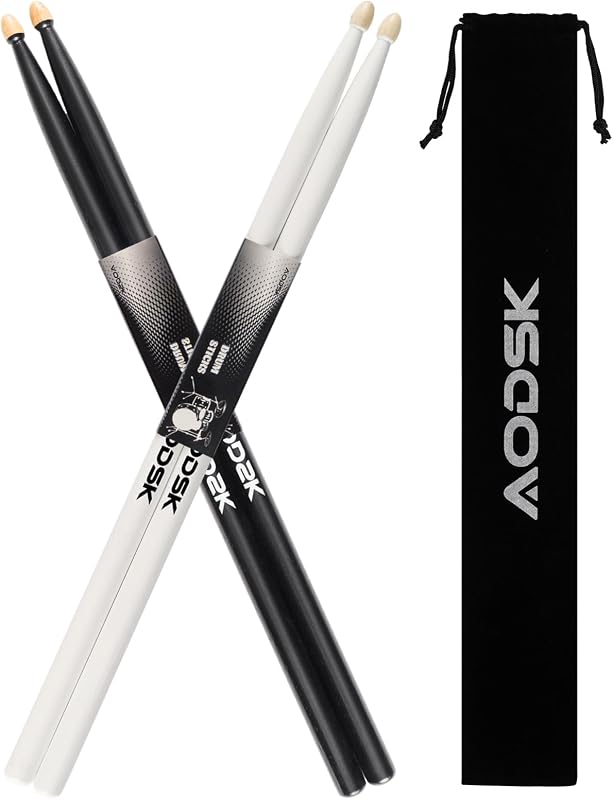 5A Drum Sticks, Hickory Wood, Tear Drop Tip, 2 Pairs, Black & White | Comfortable Grip, Well-Balanced Feel, for Beginners, Practice, Studio, Rehearsal, Daily Use, Band, Performance, Gift