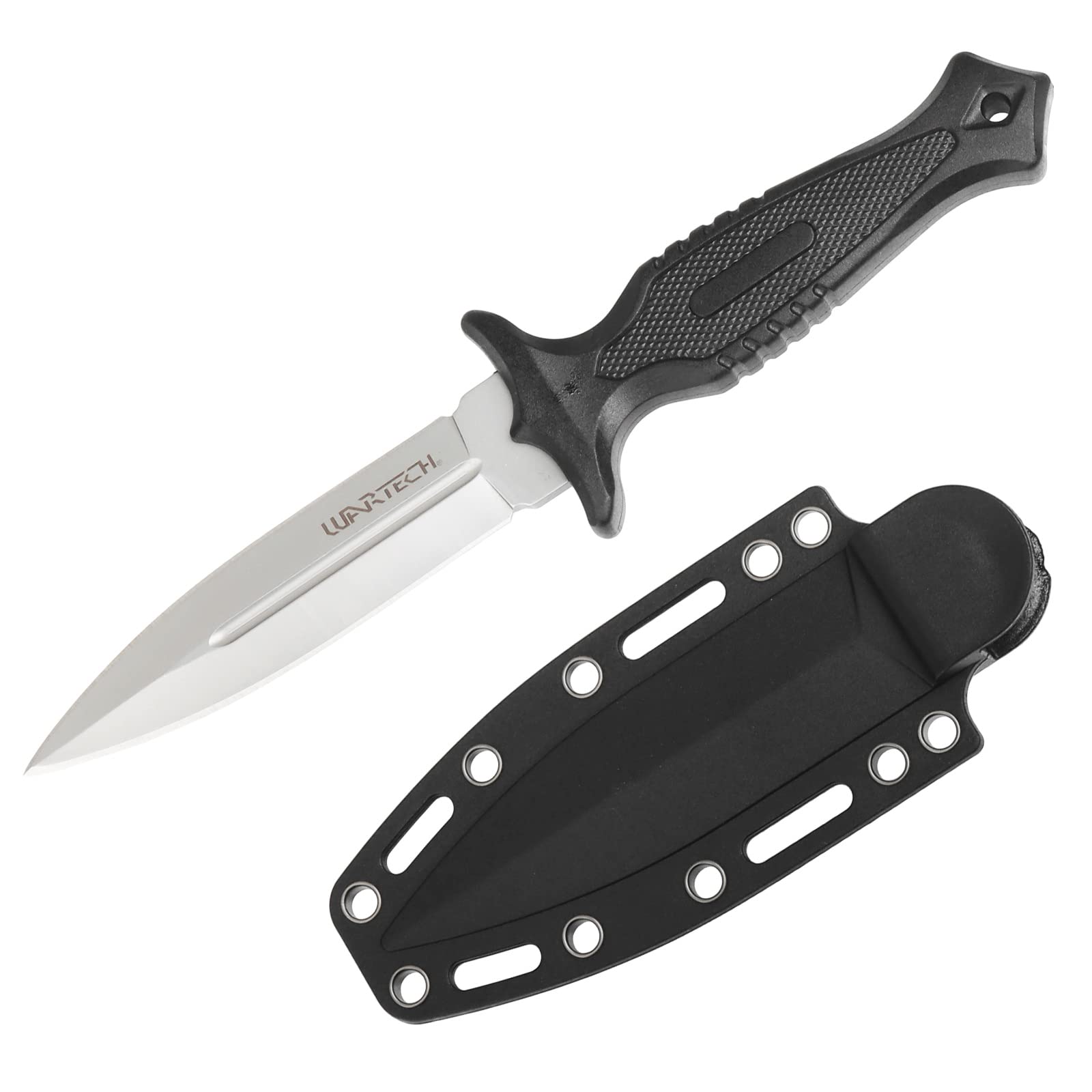 Munetoshi 9” Dagger Fixed Blade Knife Hard Sheath 3CR13 Stainless Steel Stone Washed Black Silver