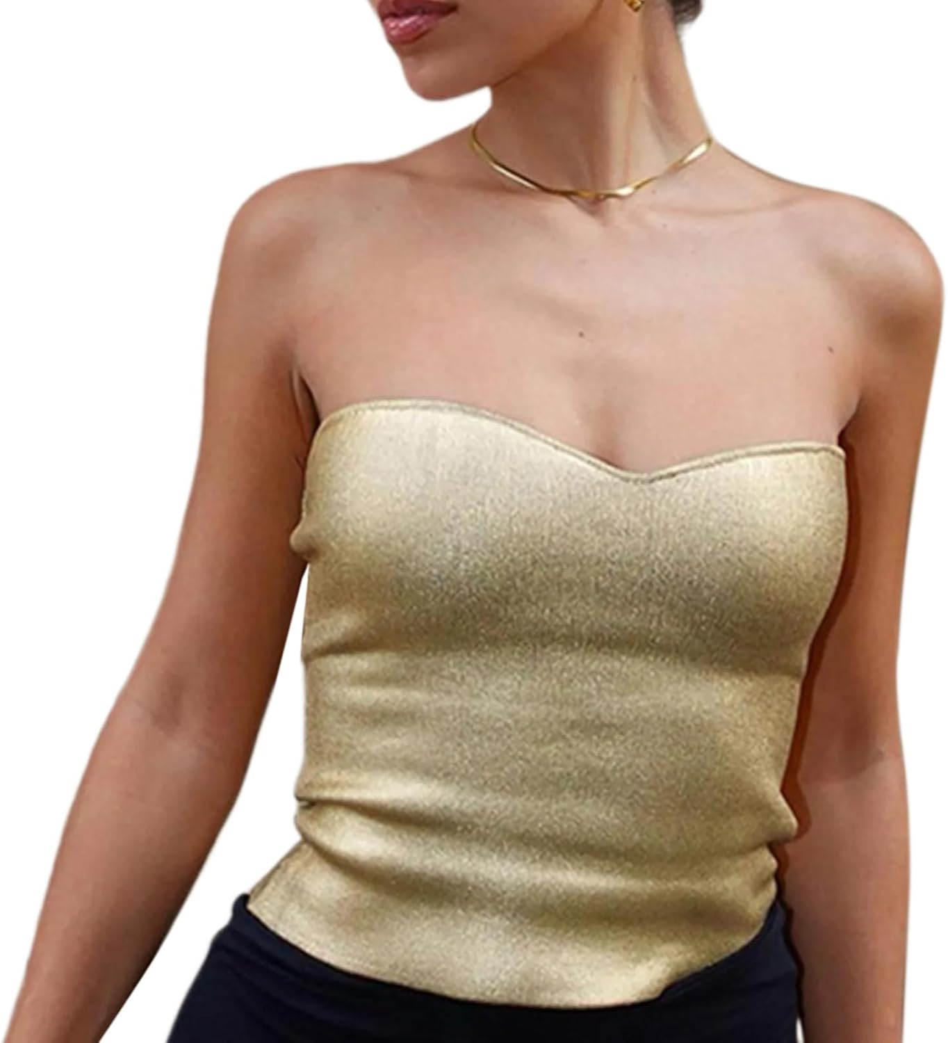 Women Fashion Strapless Metallic Crop Tube Top Nightclub Backless Sweetheart Neck Bustiers Bandeau Vests - Image 7