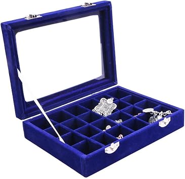 24 Grids PU Velour Leather Multipurpose Jewellery Storage Box Ring/Earrings/Necklace Tray Display Case Organizer - Dark Blue