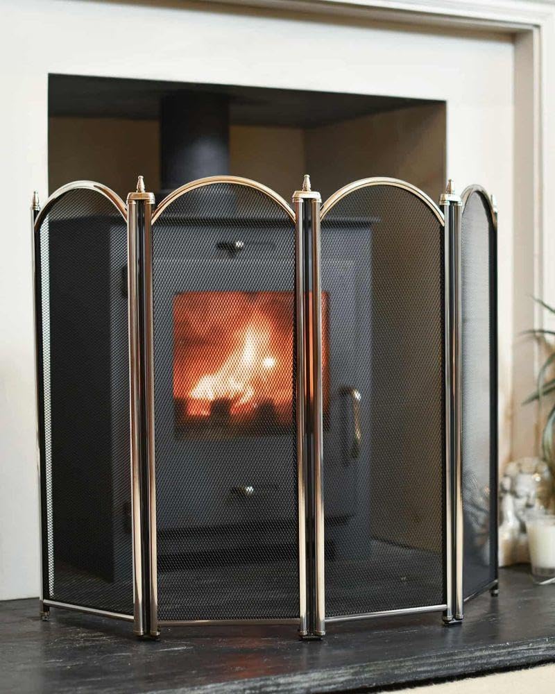 "Dynasty" Polished Nickel Four Fold Fireguard Fire Screen – Classic Style Mesh Guard for Log Burners & Open Fires – Spark & Debris Protection