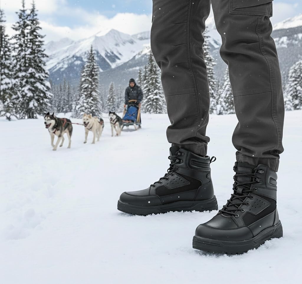 Men’s Shearling-Lined Winter Snow Boots, Waterproof Leather