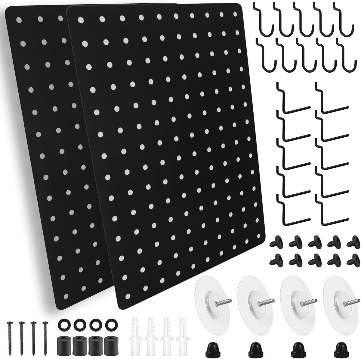 G.CORE Steel Pegboard and Hooks - 22pcs Peg Board Panels Organizer 1/4" Holes 14"x10" with J L Hooks - Kitchen Bathroom Craft Office Garage Tool Display Organization Drill/Adhesive Mounting (Black) | Drill or Adhesive Mounting Hardware, 2 Peg Board Panels with Hooks, Garage Workbench Craft Tool Display, Wall Hanging Storage
