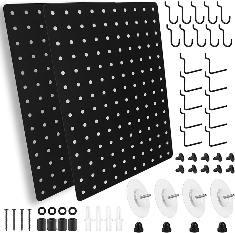 G.CORE Steel Pegboard and Hooks - 22pcs Peg Board Panels Organizer 1/4" Holes 14"x10" with J L Hooks - Kitchen Bathroom Craft Office Garage Tool Display Organization Drill/Adhesive Mounting (Black) | Drill or Adhesive Mounting Hardware, 2 Peg Board Panels with Hooks, Garage Workbench Craft Tool Display, Wall Hanging Storage