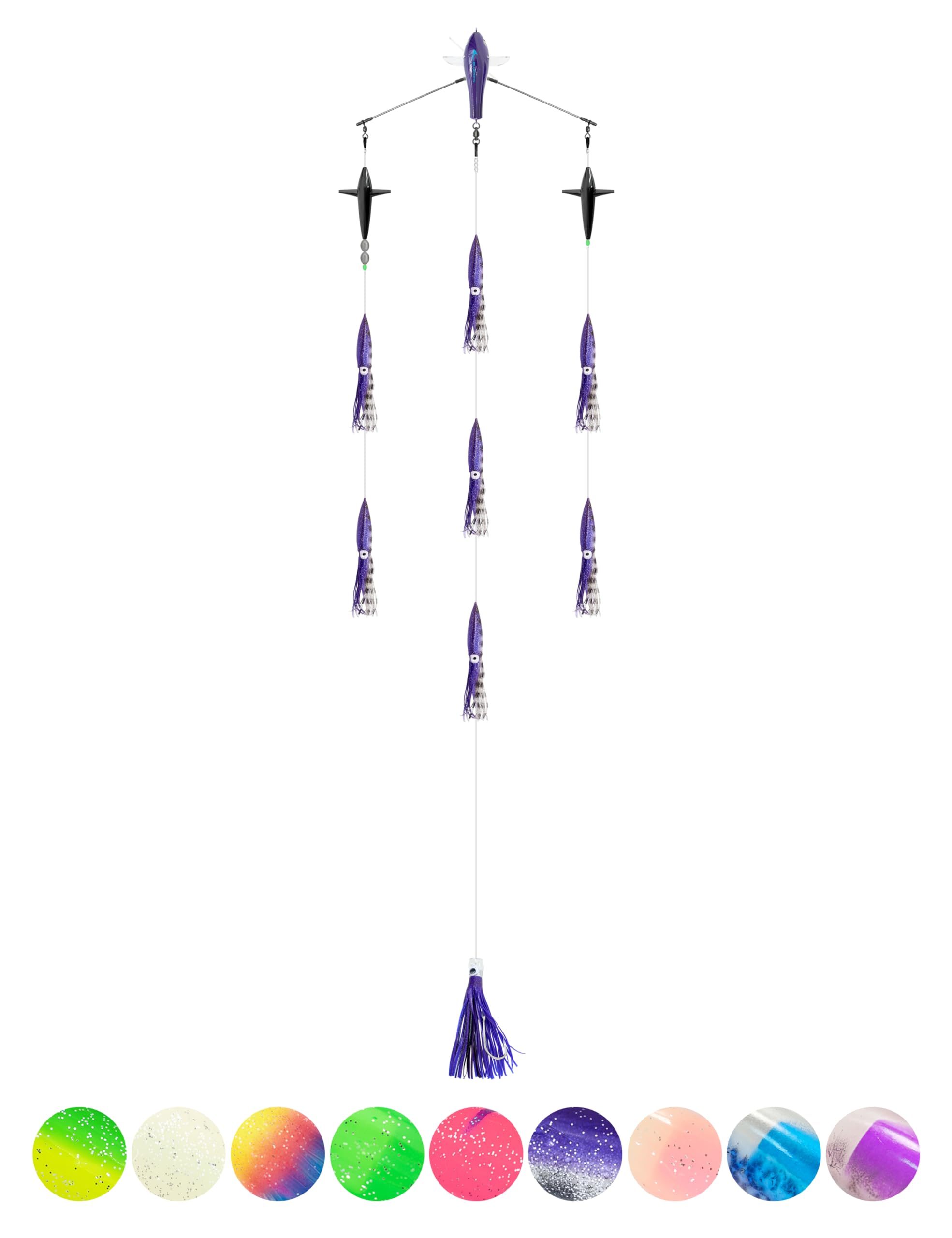 BLUEWING 18in Upgraded Fishing Spreader Bar Port Canyon with 9in Floating Squids, Trolling Birds, Big Game Trolling Lure and 316 Stainless Steel Rod for Wahoo Tuna Marlin Mahi Mahi, Black/Purple