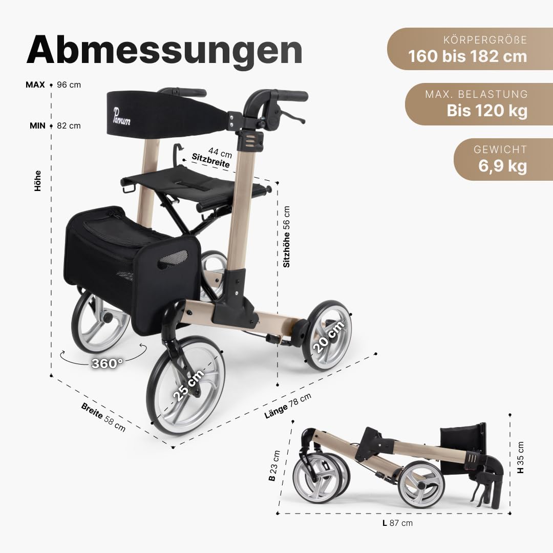 Luxo Rollator - Leicht & 2-fach faltbar – Mit integriertem Bremssystem, gepolsterter Sitz- und Rückenlehne, Tasche, Stockhalter – 6,9 kg – Gehhilfe für Senioren 160-182 cm - Champagner, Medium