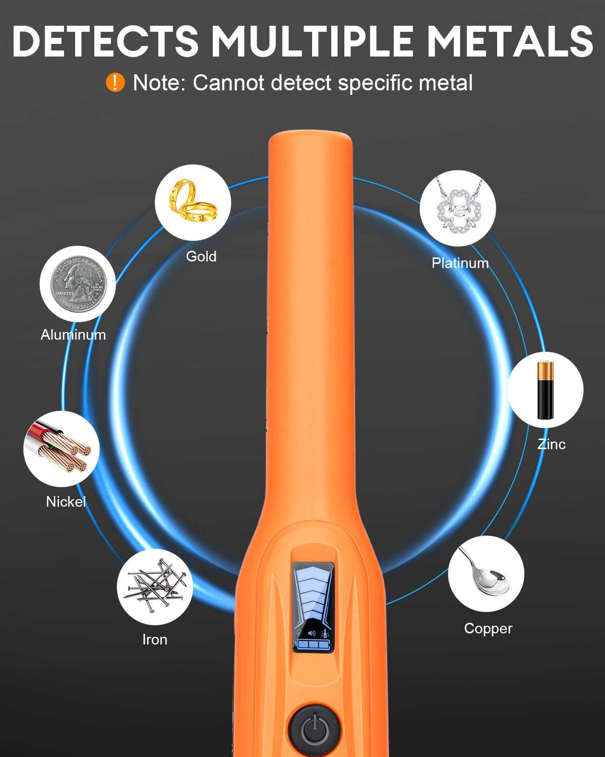 Dmyond Pinpointer detector de metales recargable, batería de 800 mAh, impermeable IP6 | Para adultos y niños, profundidad máxima de detección de hasta 4 pulgadas, 3 modos de alerta, varita puntero de mano, naranja