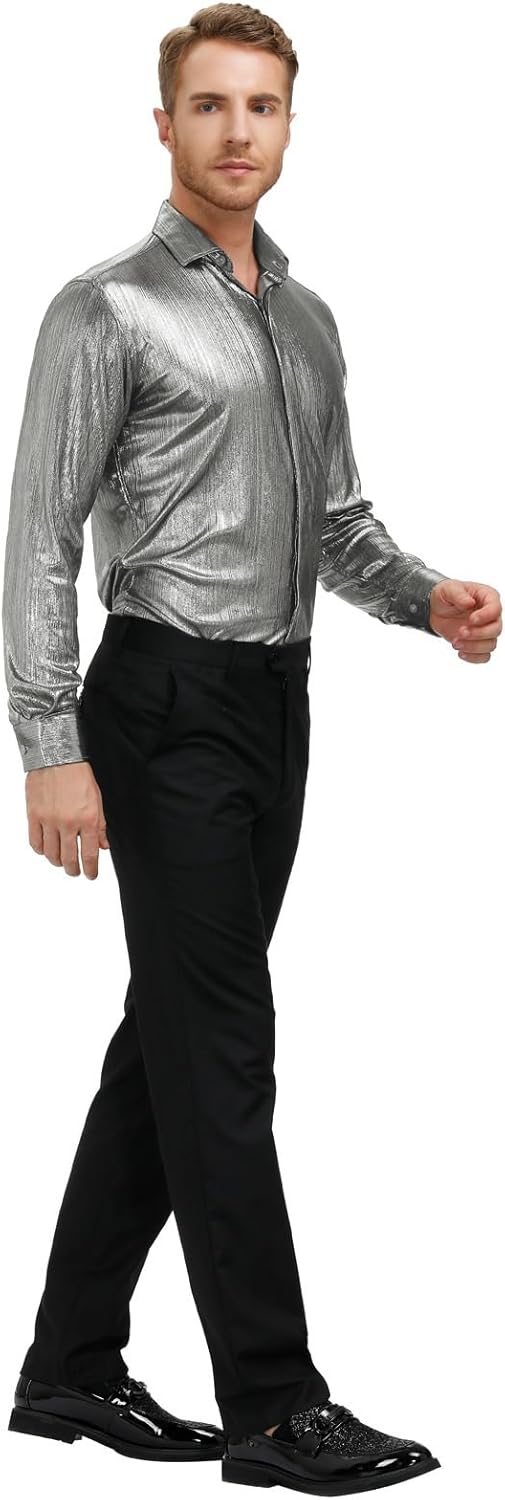 PJ PAUL JONES Men's 70s Disco Shirts Luxury Metallic Sequins Button Down Long Sleeve Party Shirt Nightclub Costume Tops - Image 2