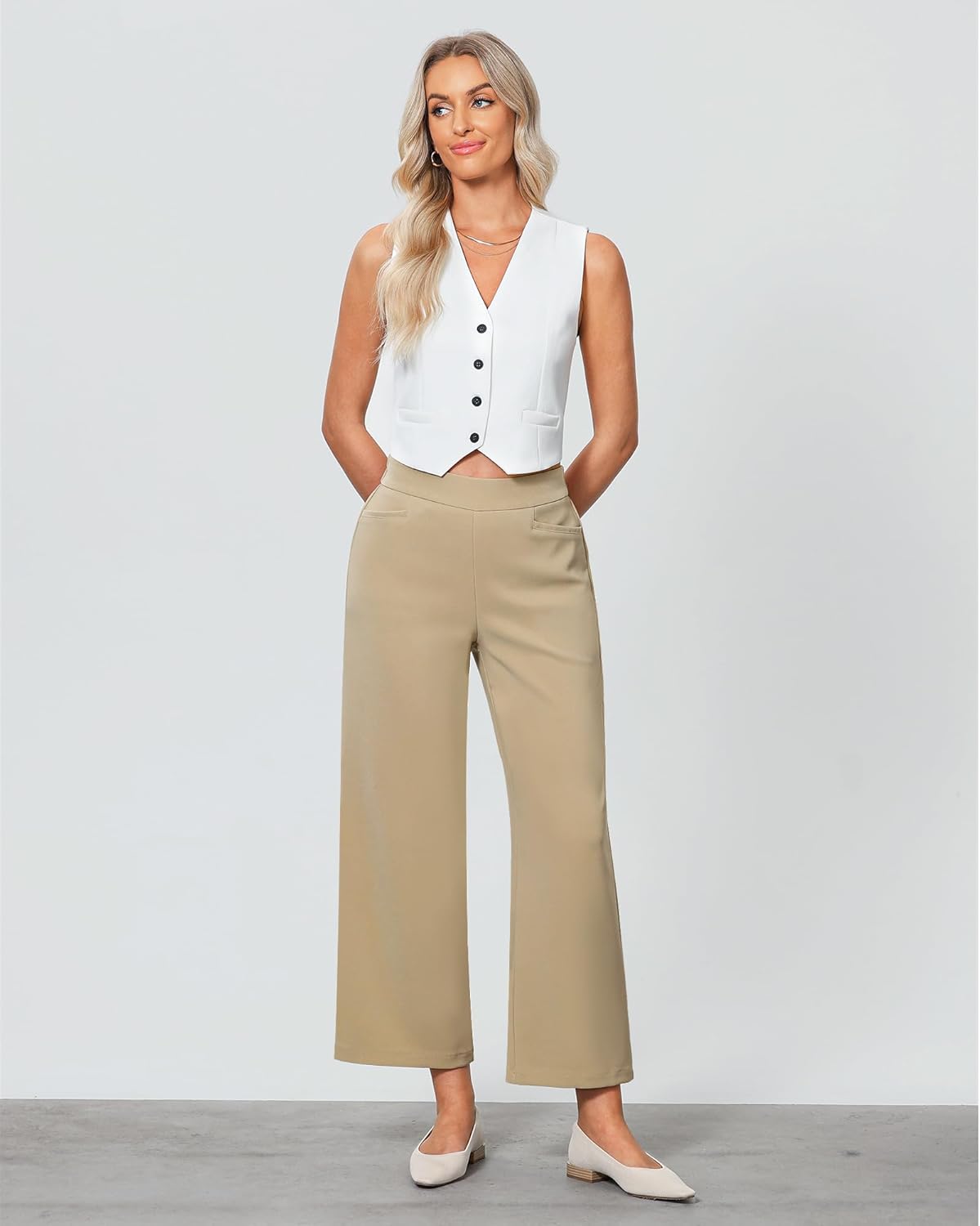 GRAPENT Cropped Pants for Women Trendy Business Casual High Waisted Pull On Wide Leg Stretchy Dress Pants with Pockets - Image 5