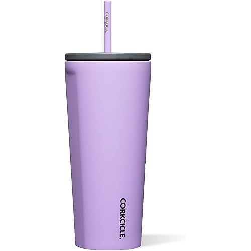 Corkcicle Cold Cup Insulated Tumbler with Straw - Keeps Drinks Cold for 12 Hours - Triple-Insulated Stainless Steel - Leak-Resistant Lid - Summer Drinkware Gift - 24 oz - Sun-Soaked Lilac