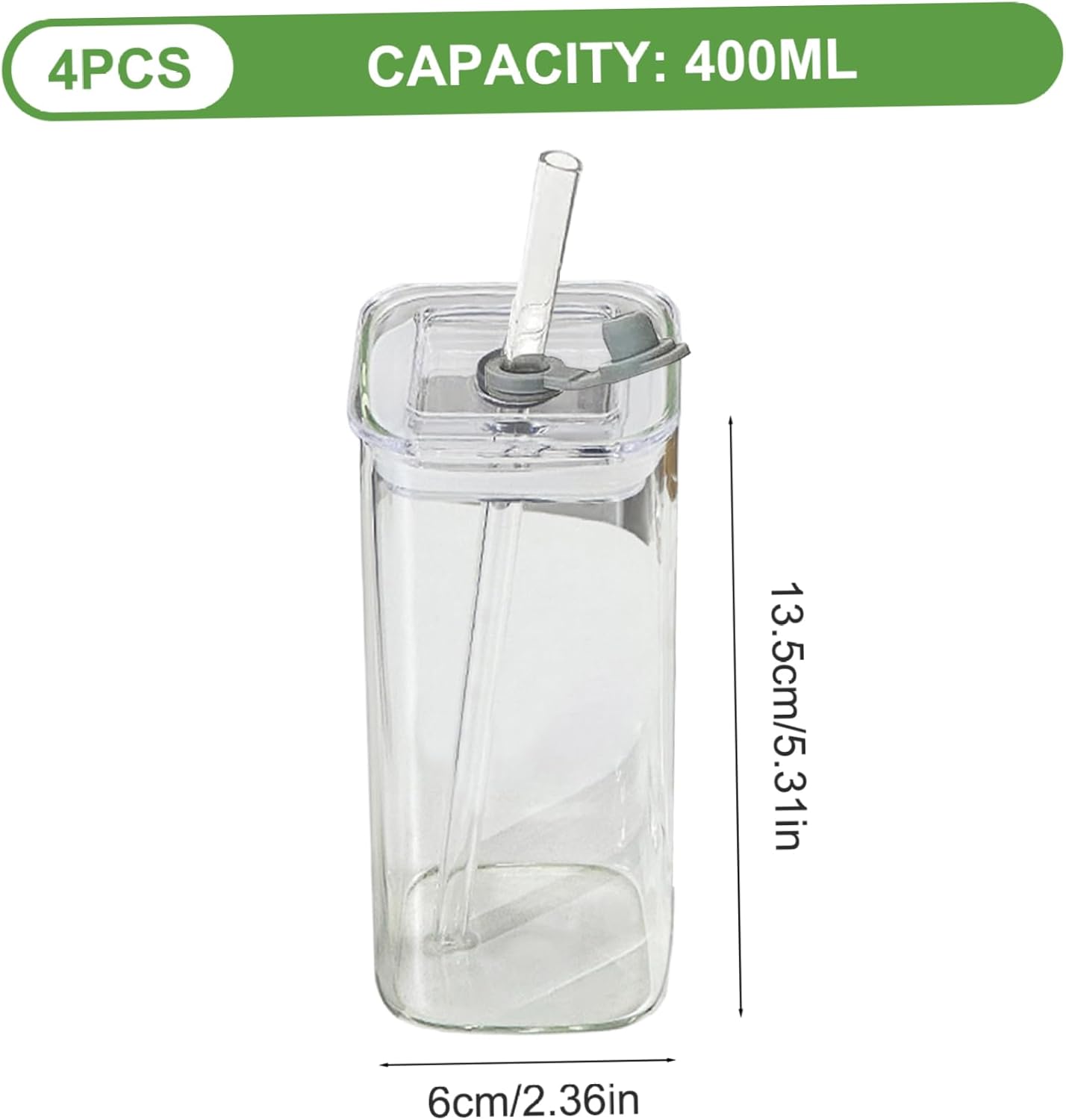 Square Glass Cups with Lids and Straws 4Pcs 400ml 2x5in Square Drinking Glass Temperature Resistant Water Bottles for Coffee, Juice, Beverage, Water Bottles