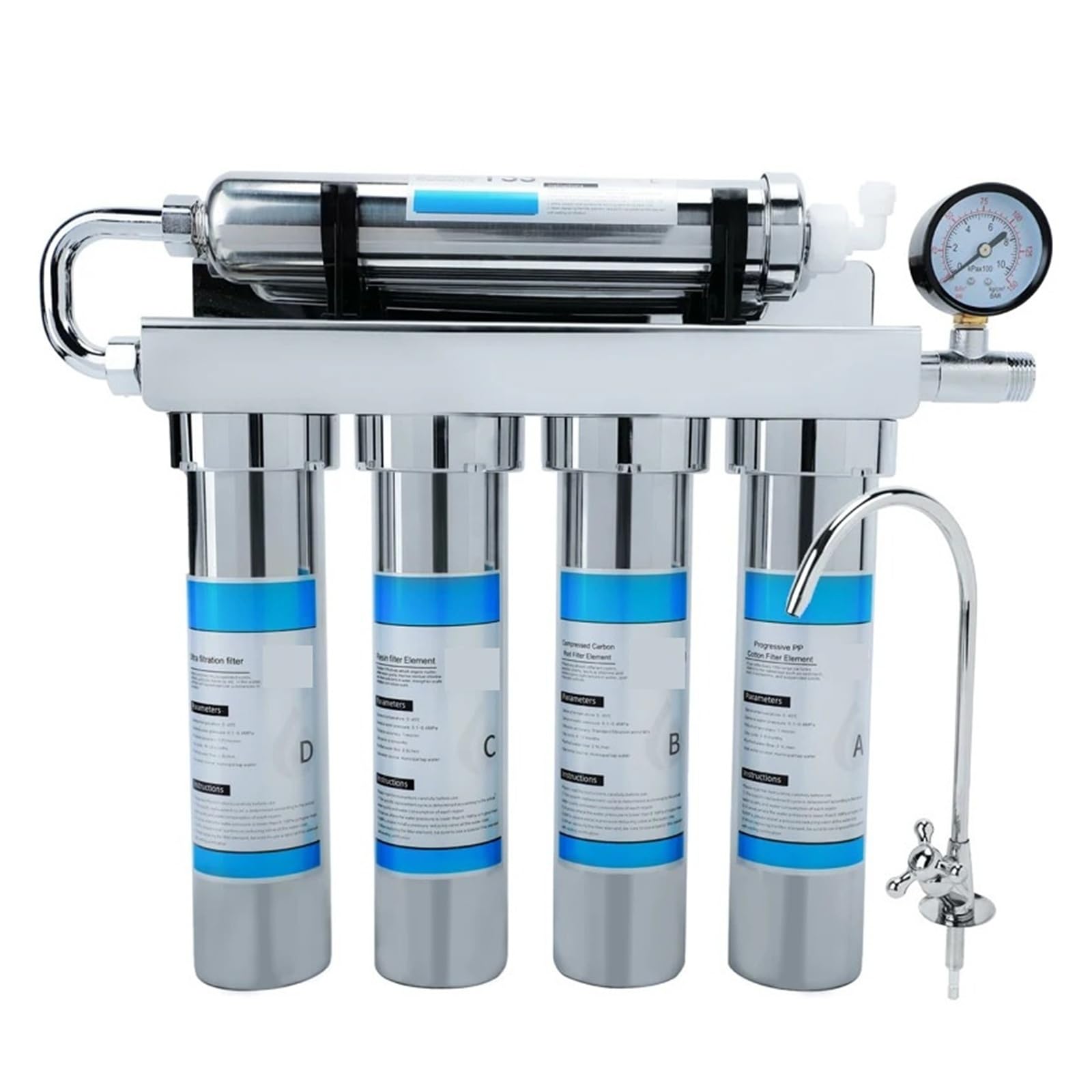 Sistema purificador de Agua por ultrafiltración for Cocina doméstica con Grifo, Sistema de filtración Directa de Agua Potable de Acero Inoxidable, 90 l/h con Alta tasa de filtración