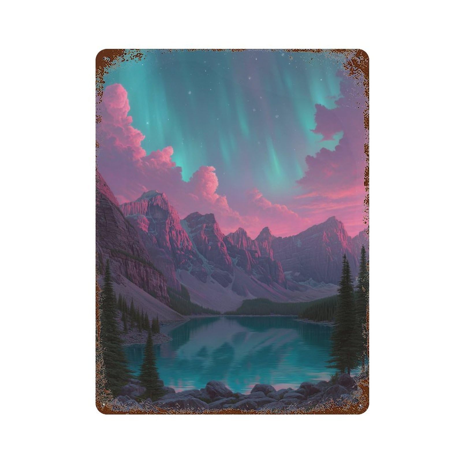 Rust Effect Aurora Borealis Lake Scene Rustic Tin Plaque 15.7"x11.8", Shabby Chic Decor for Basement, Hobby Room And Garage Decor