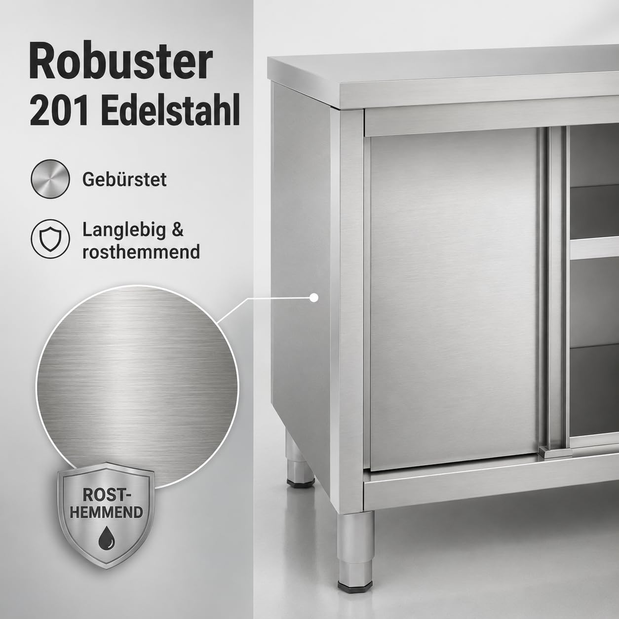 Outdoor Küche Edelstahl, 100x50x86cm Edelstahl Schrank mit Schiebetüren und Arbeitsplatte, 5-20 cm Verstellbare Höhenlagerung Bodenstehend Arbeitsschrank Küchenarbeitstisch für Küche, Garage, Kantinen