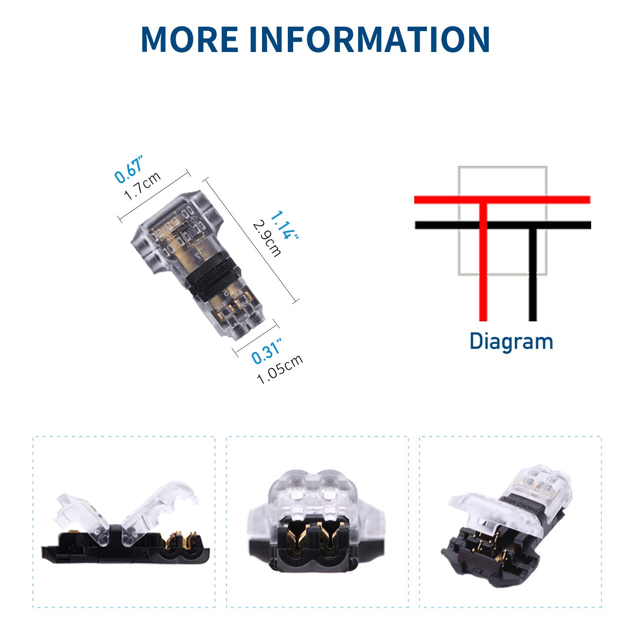 Low Voltage Wire Connector, Quick Solderless Wire Splice Connector, 12 Pack T Tap Wire Connectors, No Stripping Speaker Wire Splice, Fits 24-20 AWG Stranded/Solid Electrical Wires, T Type 2 Pin