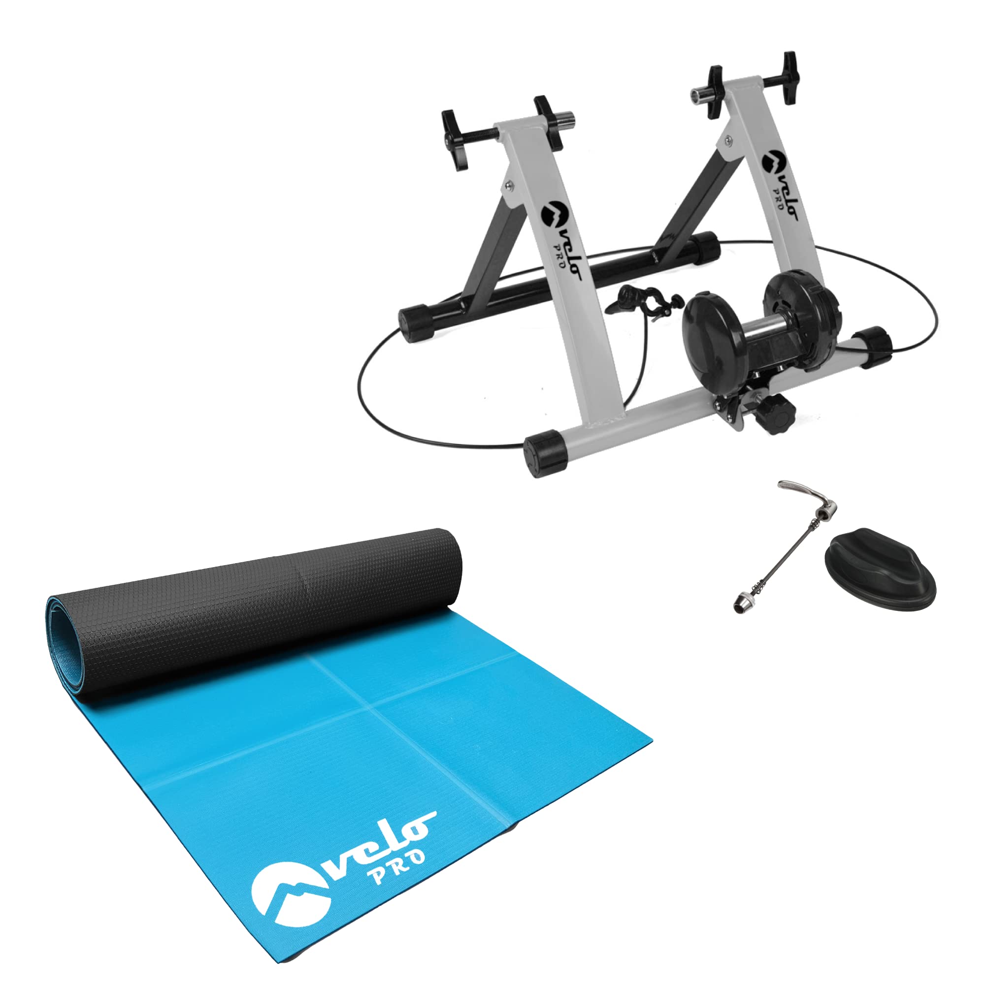 Velo Pro Turbo Trainer and Exercise Mat Bundle- Variable Resistance Magnetic Indoor Bike Trainer for Road & Mountain Bicycles - Stationary Exercise Bike Stand - Real Road Feel - 26"-28" Wheels - Grey — image 1