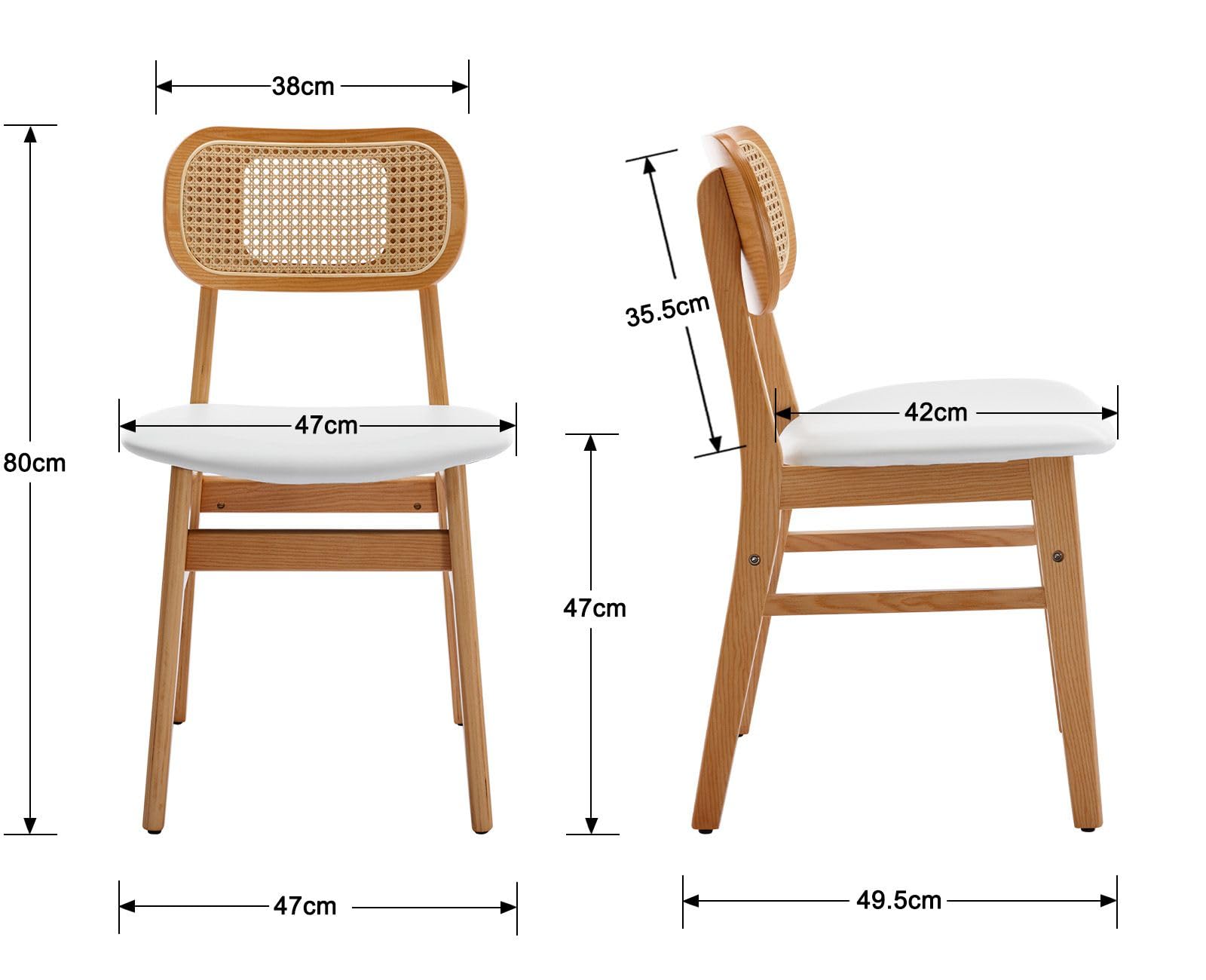 Ya-Home Lot de 2 Chaise de Salle à Manger en Rotin,Chaise de Cuisine,Blanc | Cuir PU avec Coussin et Dossier Confortable,Cadre en Boise,Fauteuil Rembourré,pour Cuisine/Restaurant