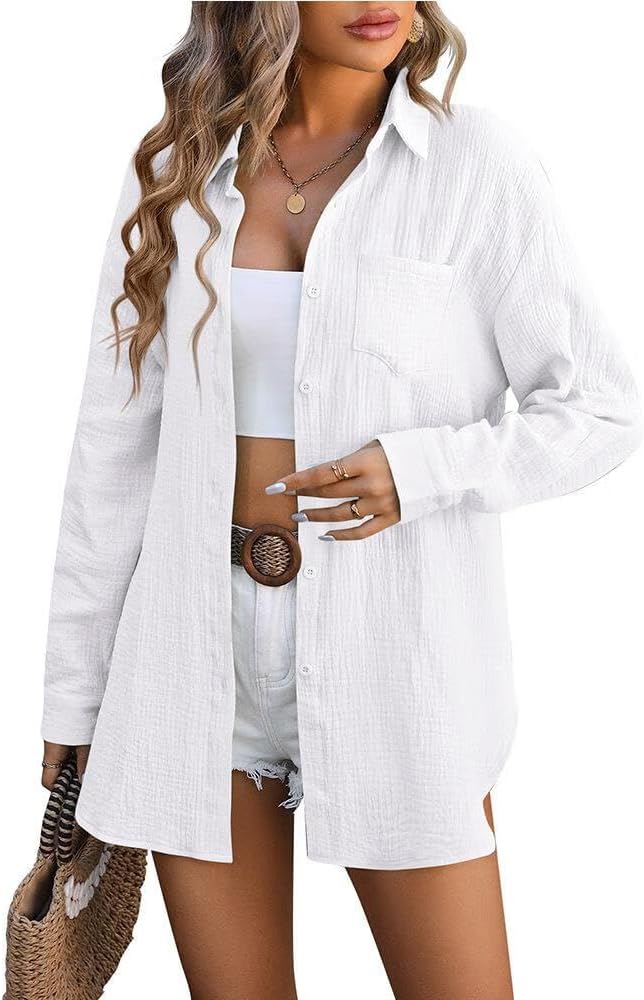 FMCHICO Womens Button Down Shirts Casual Long Sleeve Shirt Textured Collared Blouse Top with Pocket