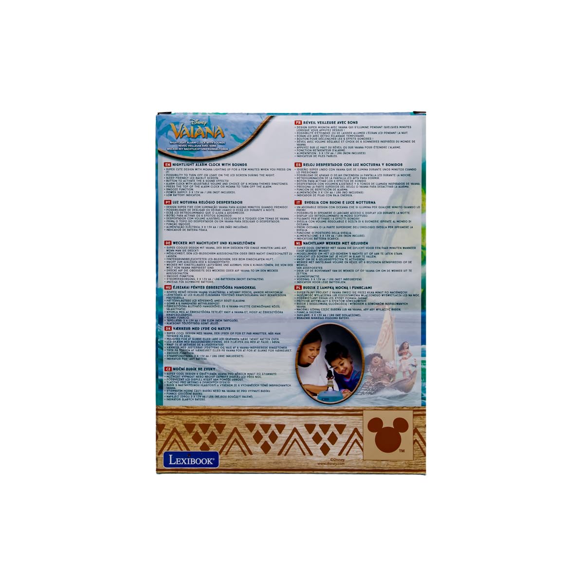 Lexibook, Vaiana, Budzik Nocna Lampa Vaiana, Dźwięki i Melodie, Podświetlany Ekran LCD, Luminizujący, Funkcja Drzemki, RL800VN