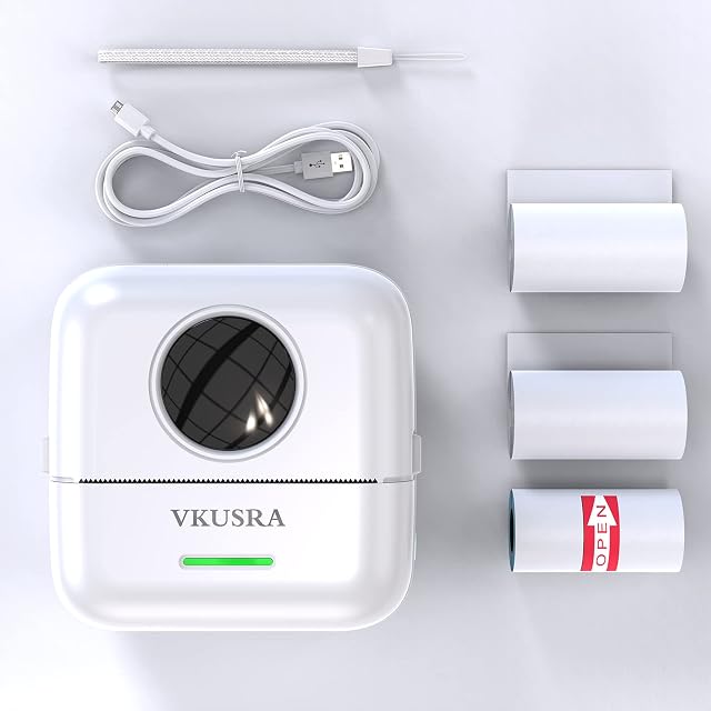VKUSRA Small Printer, Mini Pocket Printer with Built-in 1200mAh Battery, Black and White Printing Bluetooth Thermal Printer Compatible with iOS&Android, Portable Printer for Notes, Memo, DIY Painting