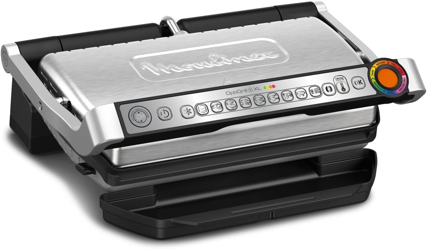 Moulinex Optigrill+ XL, parrilla eléctrica de interior, ideal para cocinar carne, pescado y verduras, indicador de cocción y 9 programas automáticos, placas antiadherentes, GI722D