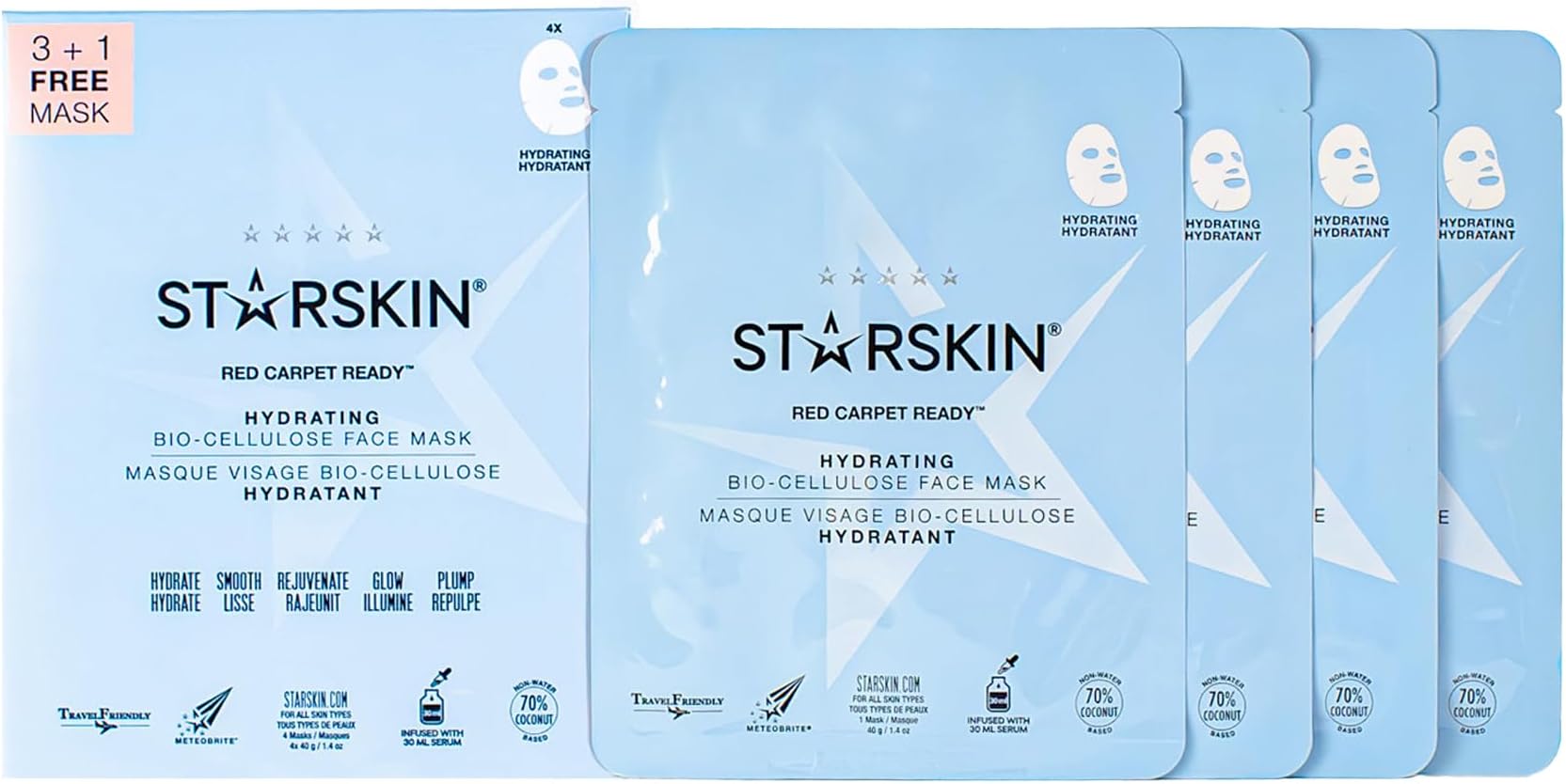 Red Carpet Ready (3+1), Coconut Bio-Cellulose Hydrating Face Mask for all Skin Types, Glass Skin, Korean Skincare Mask, Instant Hydration, Revitalizing and Moisturizing, K Beauty Skincare