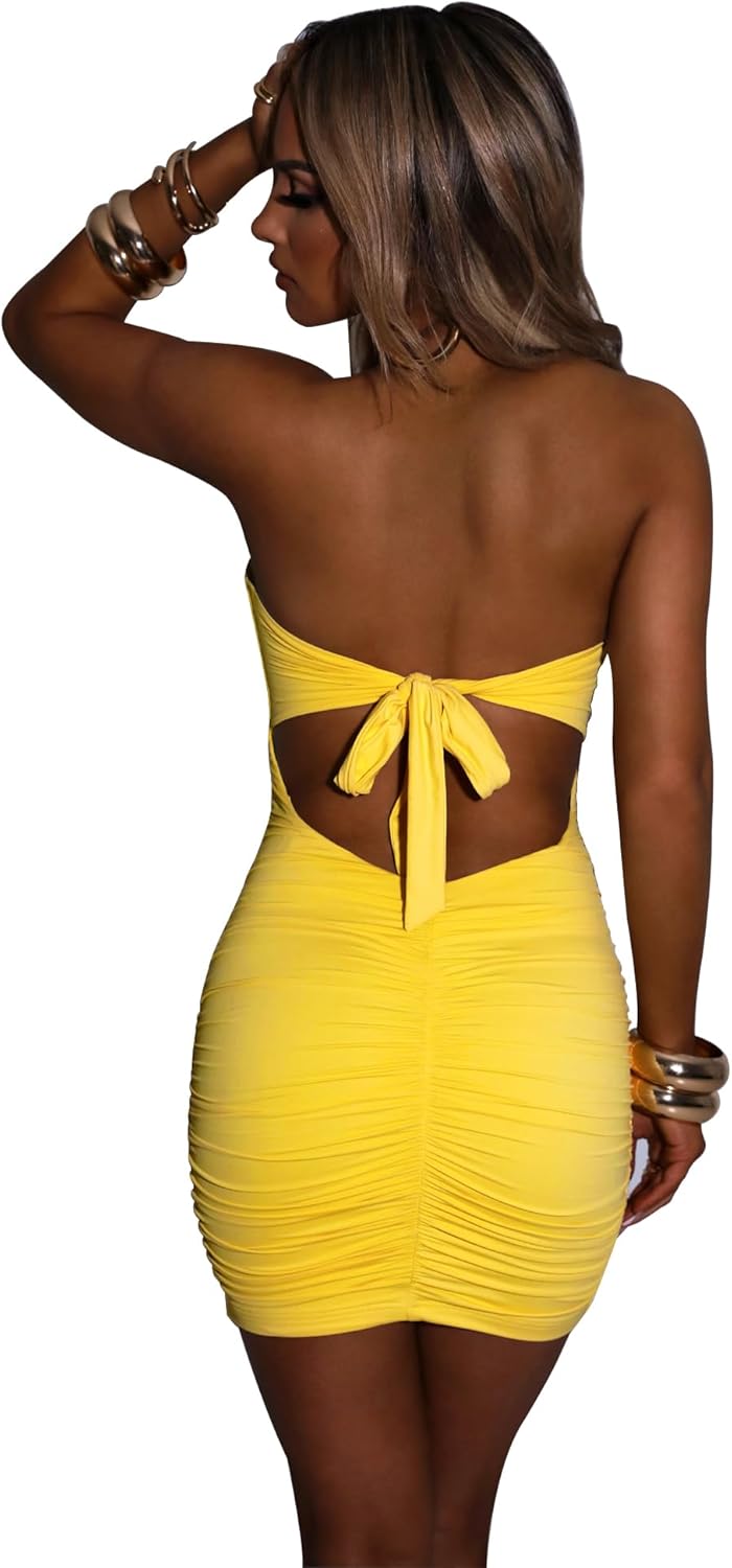 SHESEEWORLD Women's Sexy Strapless Tube Ruched Dress Front Knot Bodycon Back Lace Up Mini Dress - Image 5