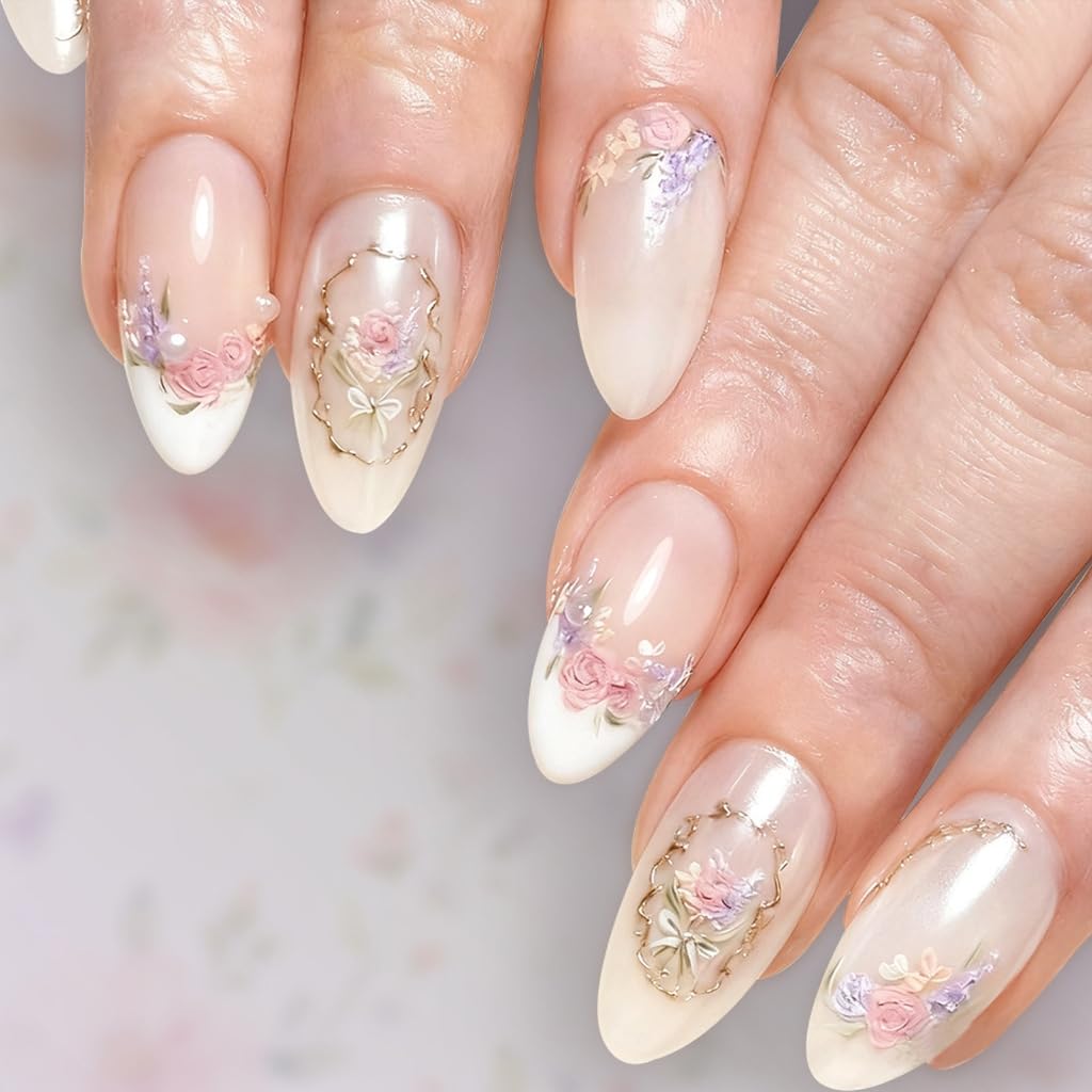 1 Box Floral False Nails Gold Lightweight Comfort for Special