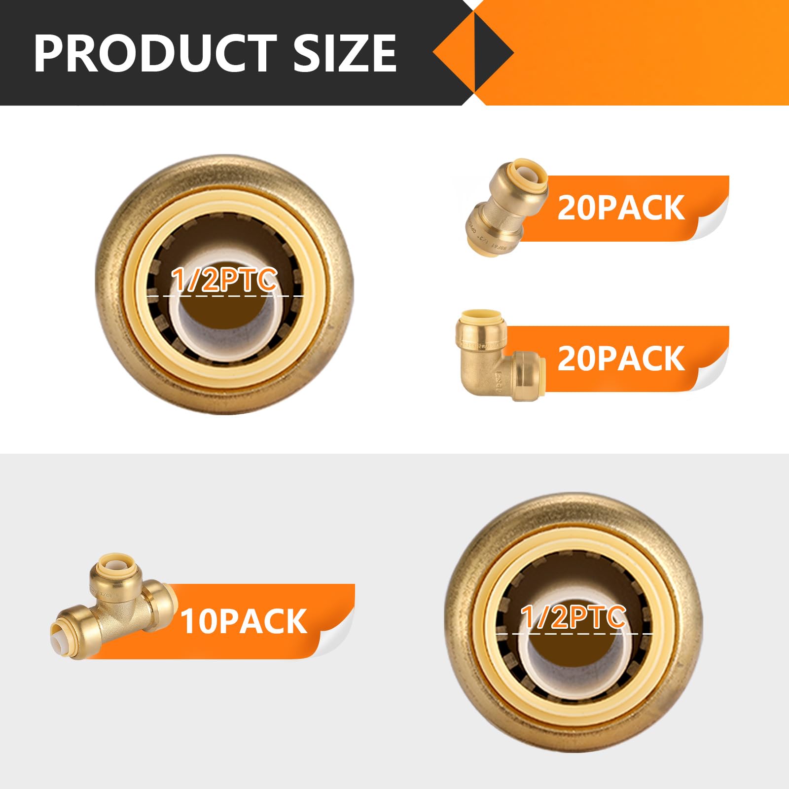 GUOFIS 6-Pack 1/2 Inch Push To Connect Fittings - Brass Straight Couplings For Copper, PEX, CPVC Pipes, Includes Disconnect Clip