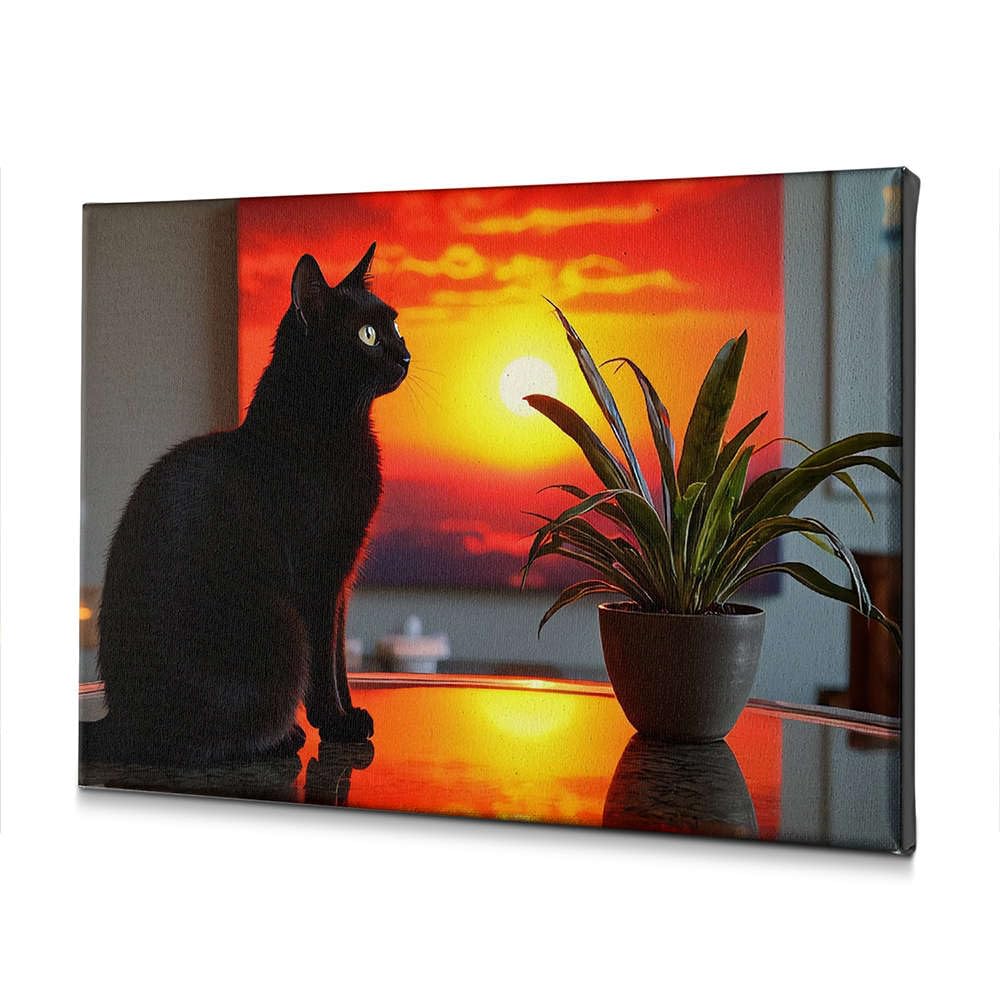 Toile décorative chat noir plante verte tableau salon mural