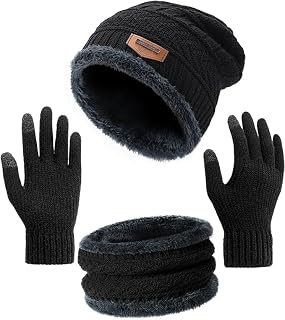 FF Winter Warm 3 in 1 Beanie Hat Scarf Gloves Set, Knitted Hat Neck Warmers Touch Screen Gloves for Men & Women Price In India
