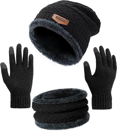 FF Winter Warm 3 in 1 Beanie Hat Scarf Gloves Set, Knitted Hat Neck Warmers Touch Screen Gloves for Men &amp; Women