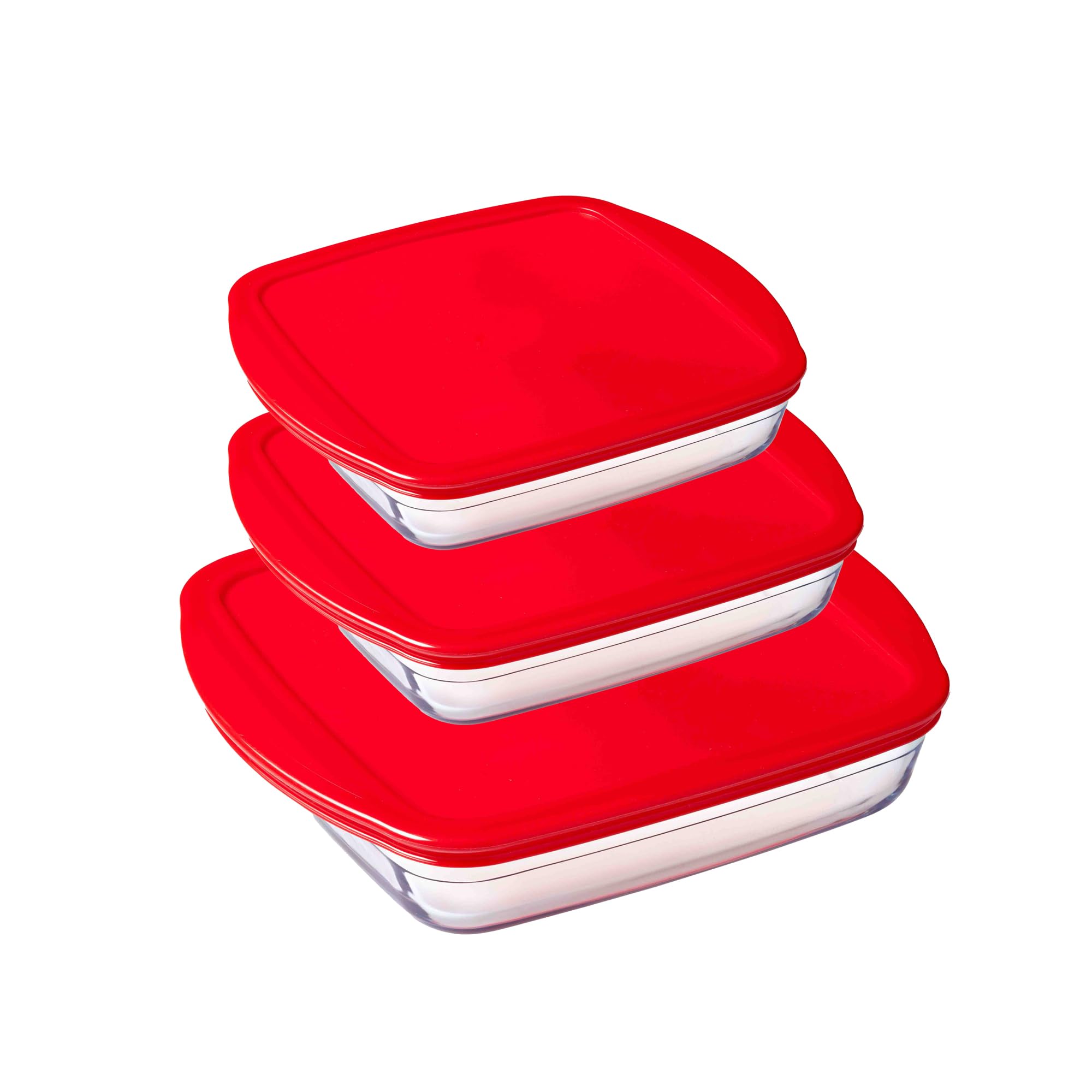 Ocuisine Clear, Red Ôcuisine® Cook & Store Glass Storage & Lunch Containers With Lids | Extreme Resistance | Oven Safe - Freezer Safe - Microwave Safe (Square Dishes With Lid Set Of 3 (1.7, 1.0, 2.2Lt))