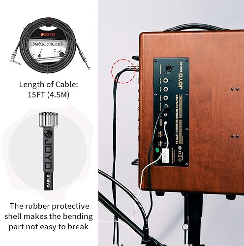 Miniatura 6 de JOYO Cable de guitarra bajo de 15 pies, cable de instrumento de audio profesional de 14 de pulgada en ángulo recto (negro, CM-12)