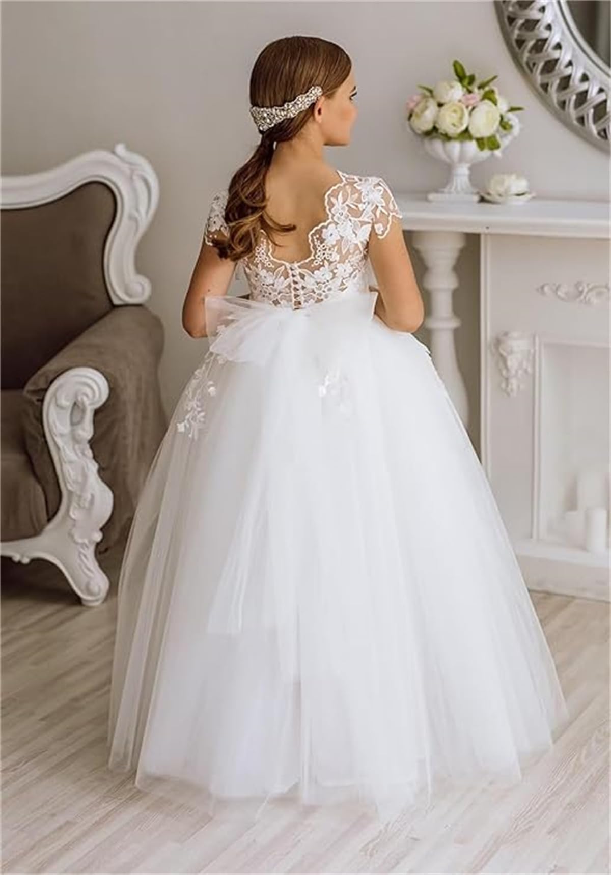 GZCYL - Vestido de comunión de tul con encaje sencillo y largo para niña de flores para boda