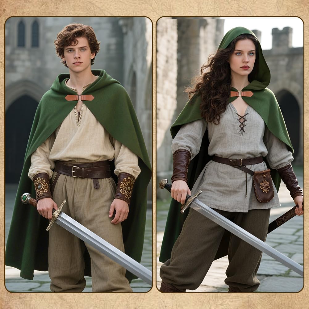Medievale di Mantello con Cappuccio, Mantello Hobbit, 2PZ Mantella di Halloween per Donna Uomo con Collana, Renaissance Mantella per Adulti per Halloween Halloween Cosplay, 100CM