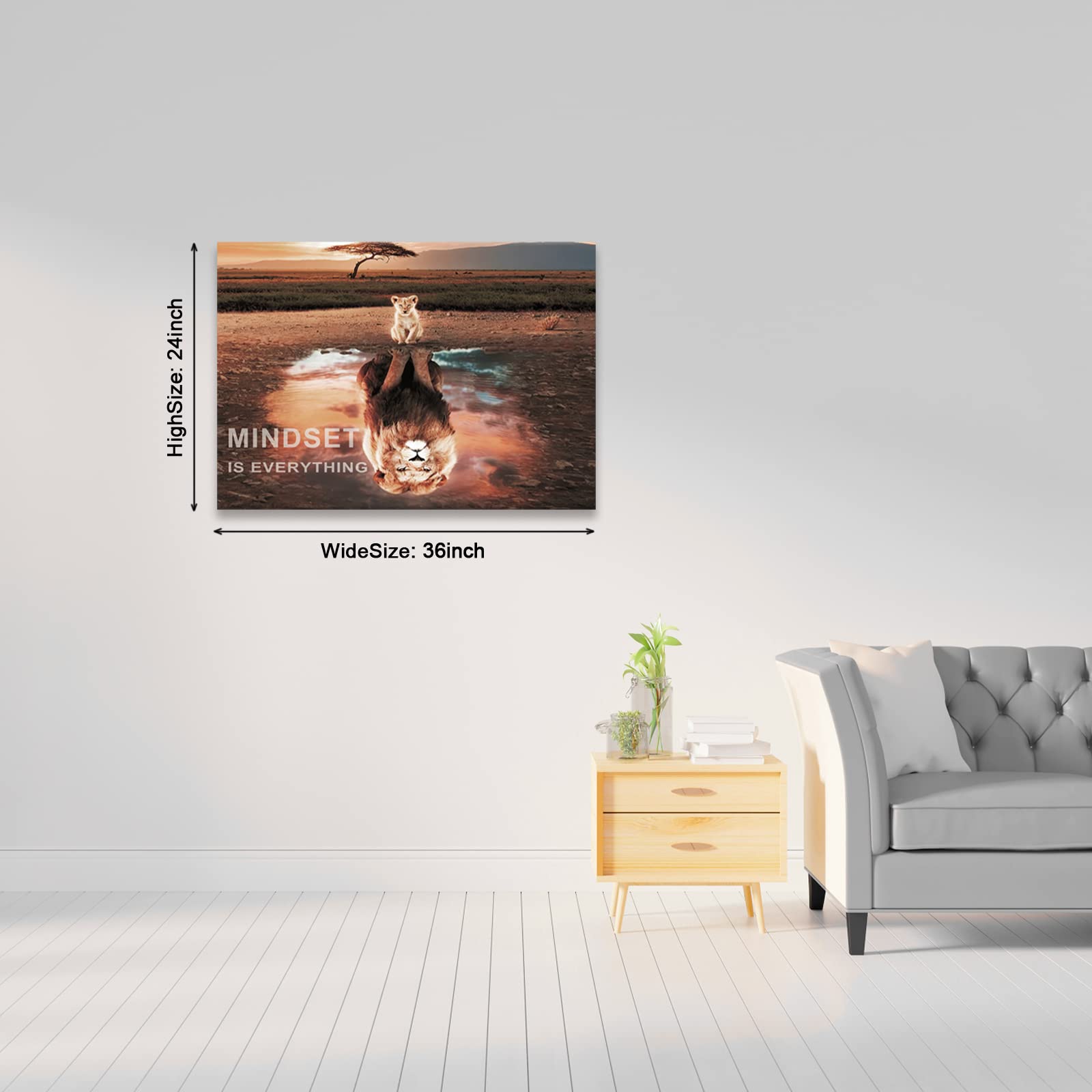 Mindset Is Everything - Lienzo motivacional para pared, diseño de león, 1 pieza, cita inspiradora, para decoración de oficina y dormitorio (61 cm de ancho x 91 cm de alto)