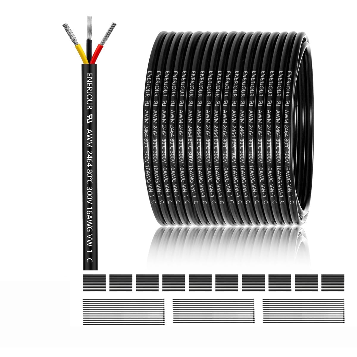 Câble 16 AWG 3x1,5mm² 3 brins 60 mètres, fil 3 brins en cuivre étainné, PVC 16 AWG 3 brins pour DC 5V/12V/24V, éclairage LED, câble d’extension, véhicules, etc., certification CE