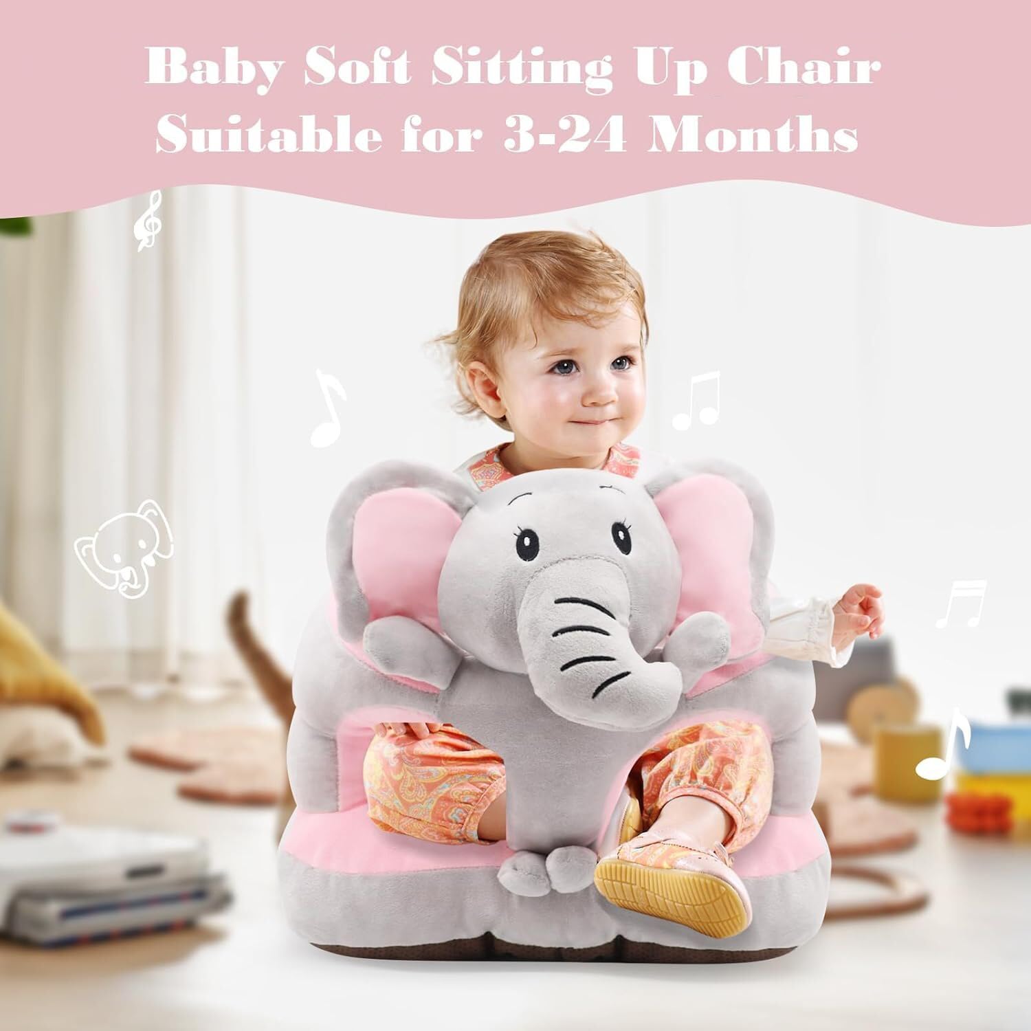 KAKIBLIN Baby Sit Up Chair Baby Support Sofa,Sit Me Up Floor Seat for Baby,Soft Plush Cartoon Animals Learning to Sit Chair Seats for 3-24 Month Girls and Boys,PP Cotton Full Filling (Elephant)