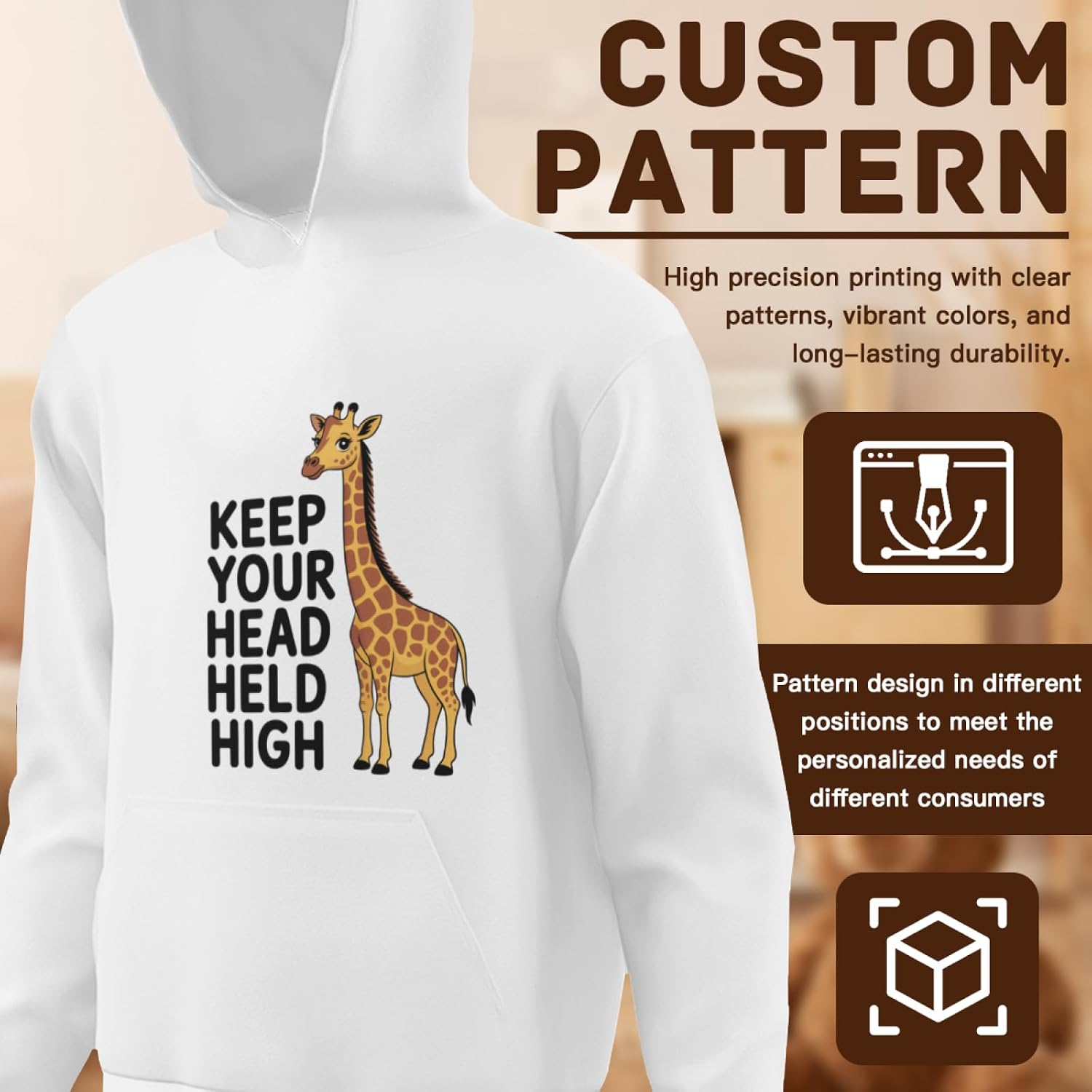 Kids Giraffe, Keep Your Head Held High, Back To School, Teacher Boys Girls Lightweight Kangaroo Pocket Fleece Hoodies