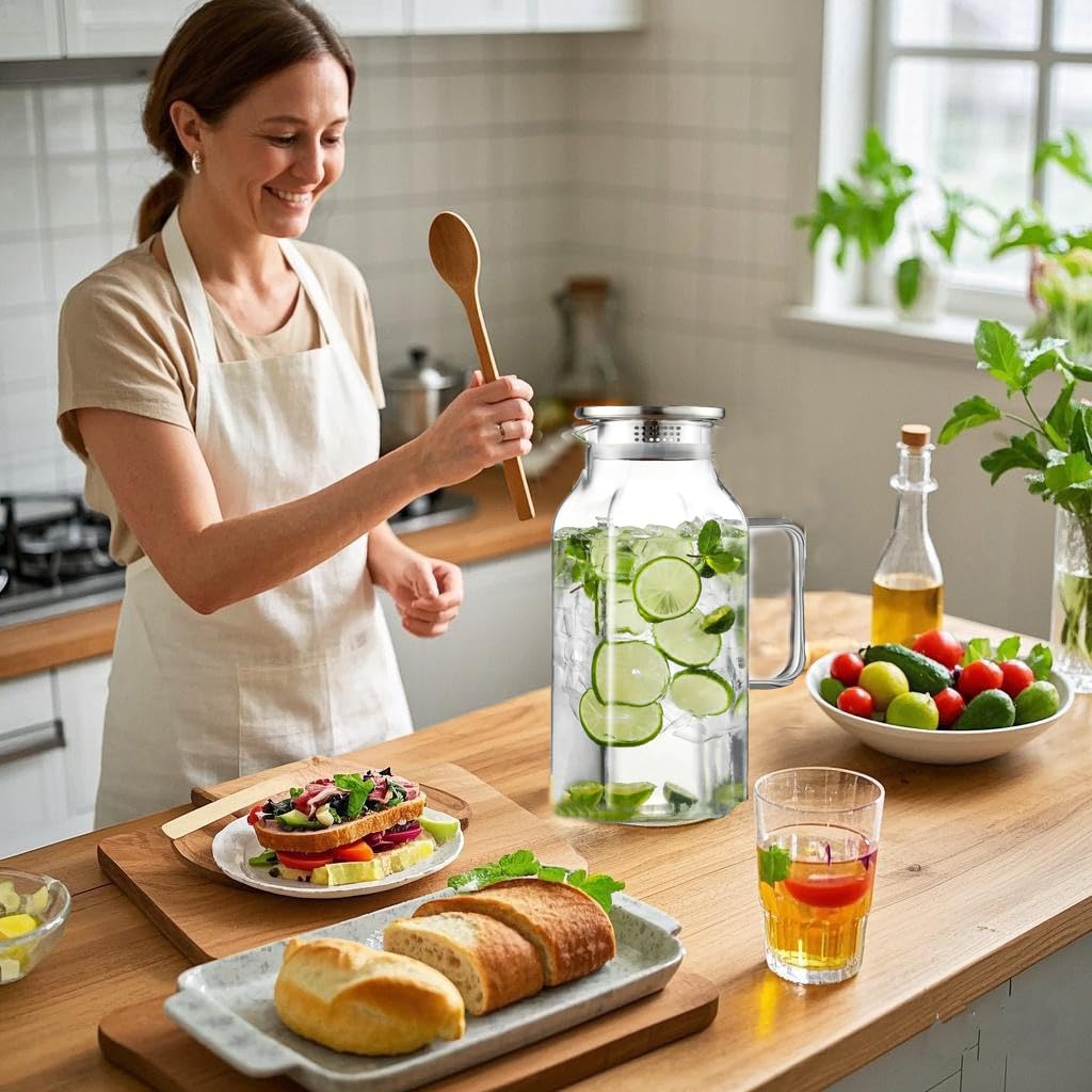 Quadratischer Glaskrug, Wasserkrug mit Deckel und Griff, Karaffe aus Borosilikatglas für heißes / kaltes Wasser, Eiskaffee, Saft, Tee, Milch und hausgemachte Getränke (inkl. Pinsel), 2 l